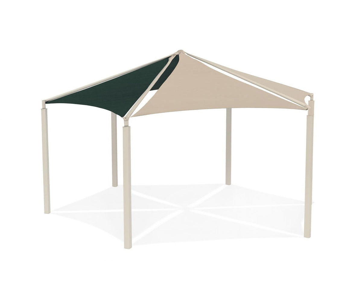 Hexagon Multi-panel Shade Structure with beige and dark green fabric panels supported by six beige posts providing sun protection