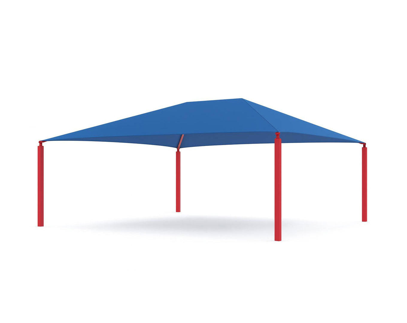 Hip Roof Shade Structure with 4 red posts and blue rectangular hip roof canopy for playground or picnic shade