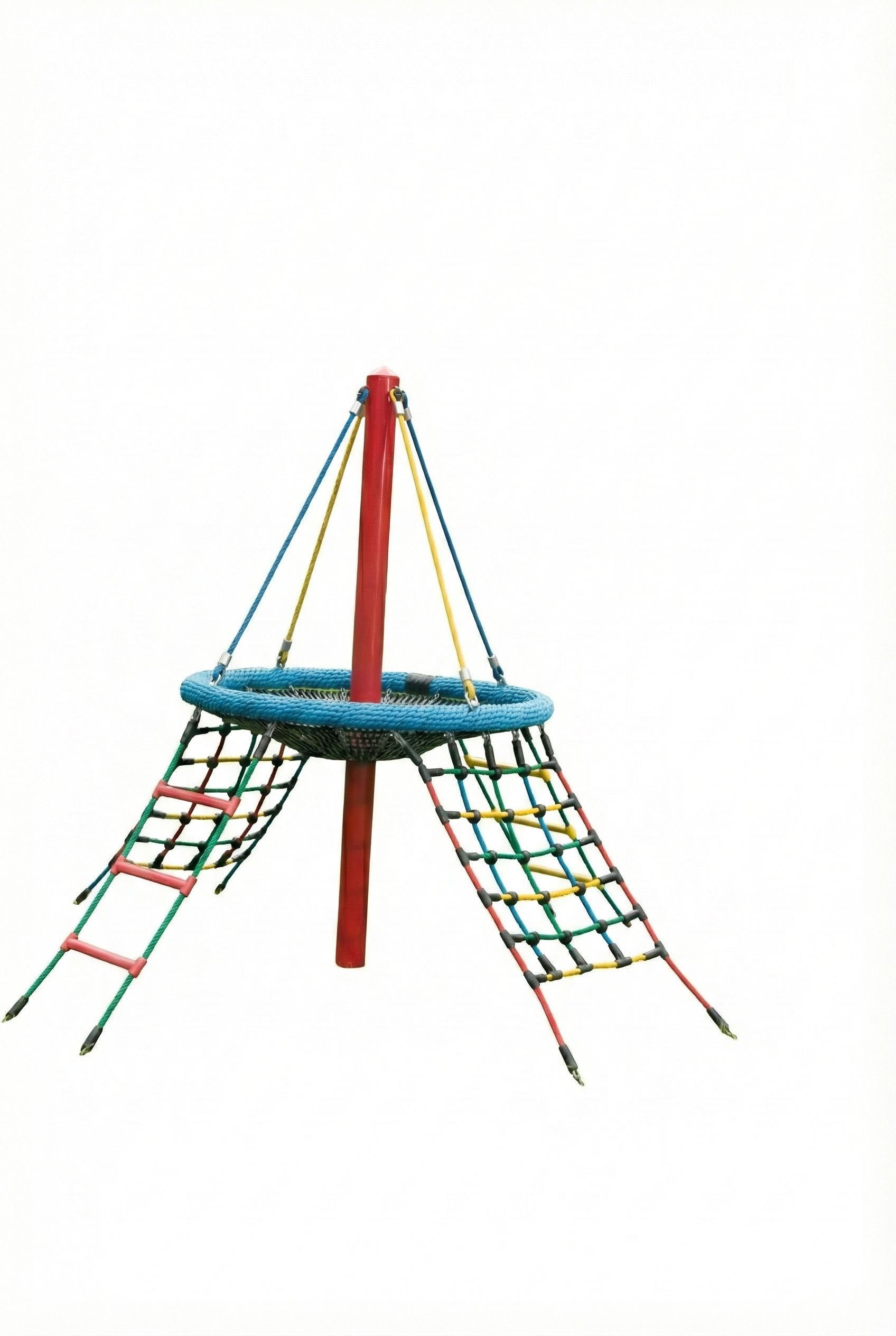 Bird's Nest Mini Tree colorful rope climbing structure with circular nest platform, rope ladders, children playing, and adult assisting outdoors