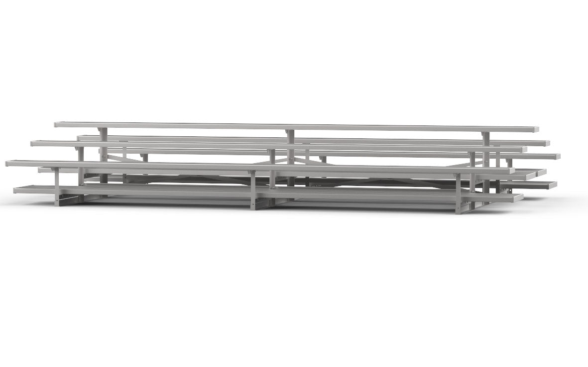 Three-row tiered back-to-back aluminum bleachers with anodized seat planks and mill finish foot planks