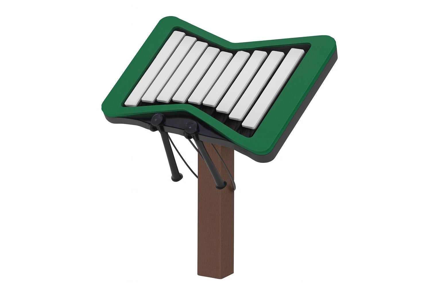 Melody Outdoor Musical Park Instrument with nine silver aluminum bars in a green recycled plastic frame on black stands in a natural park setting