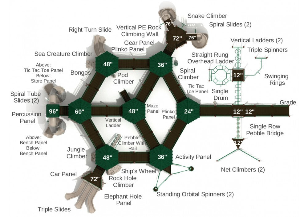 Overhead view of a large accessible playground with ramps, spiral slides, net climbers, spinners, and interactive panels