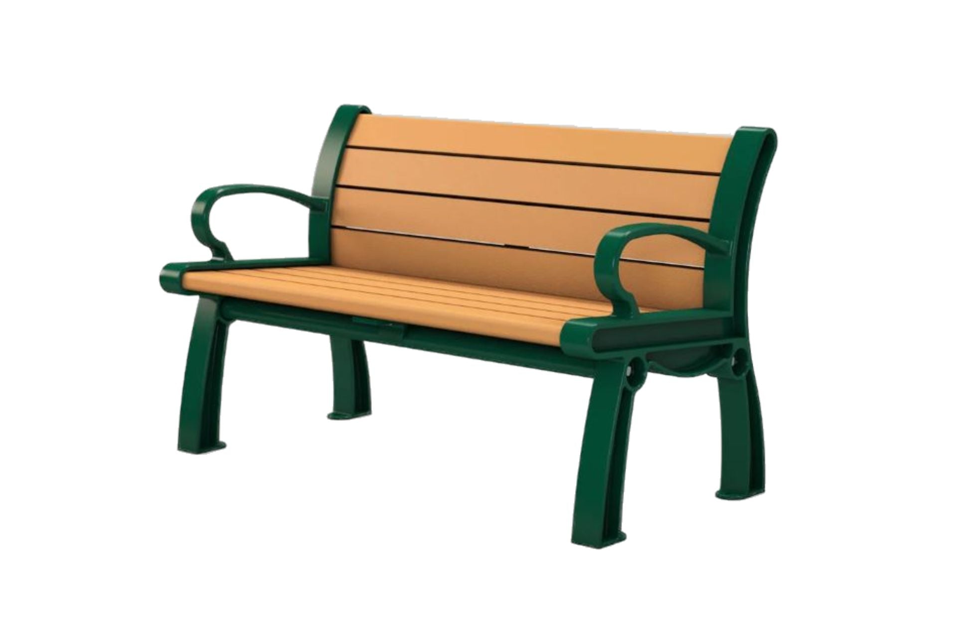 Heritage BenchPark Bench with tan Resinwood slats, green powder-coated cast aluminum frame, armrests, and heavy-duty bracing