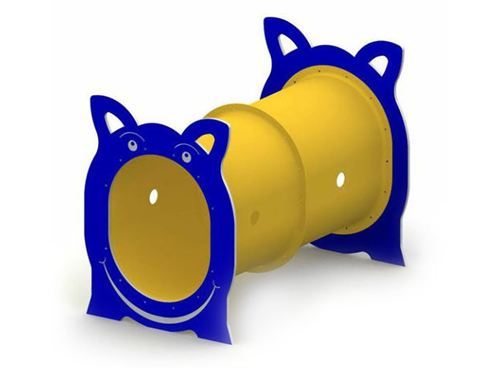 Double Straight Fun Crawl Tube with blue and yellow animal face panels, climbing tunnel for imaginative children's play