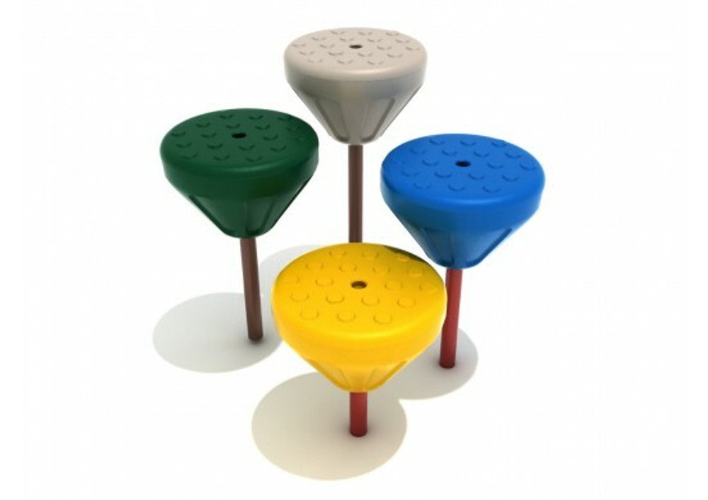 Single Pebble Pod playground balance beams in green, tan, blue, and yellow with textured high-traction surfaces and posts