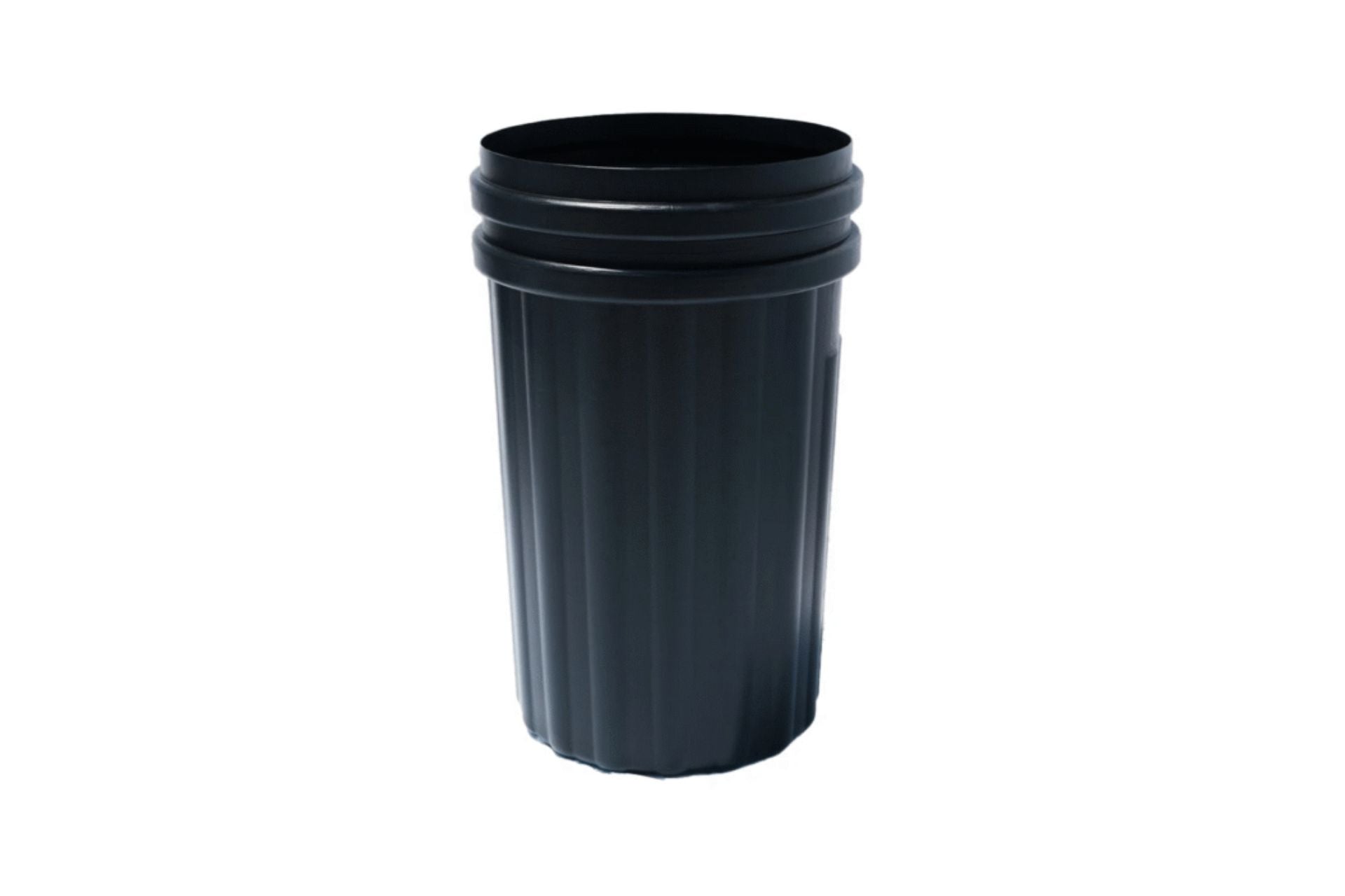Black commercial trash receptacle with ribbed sides, wide top opening, and side-access door for easy liner removal