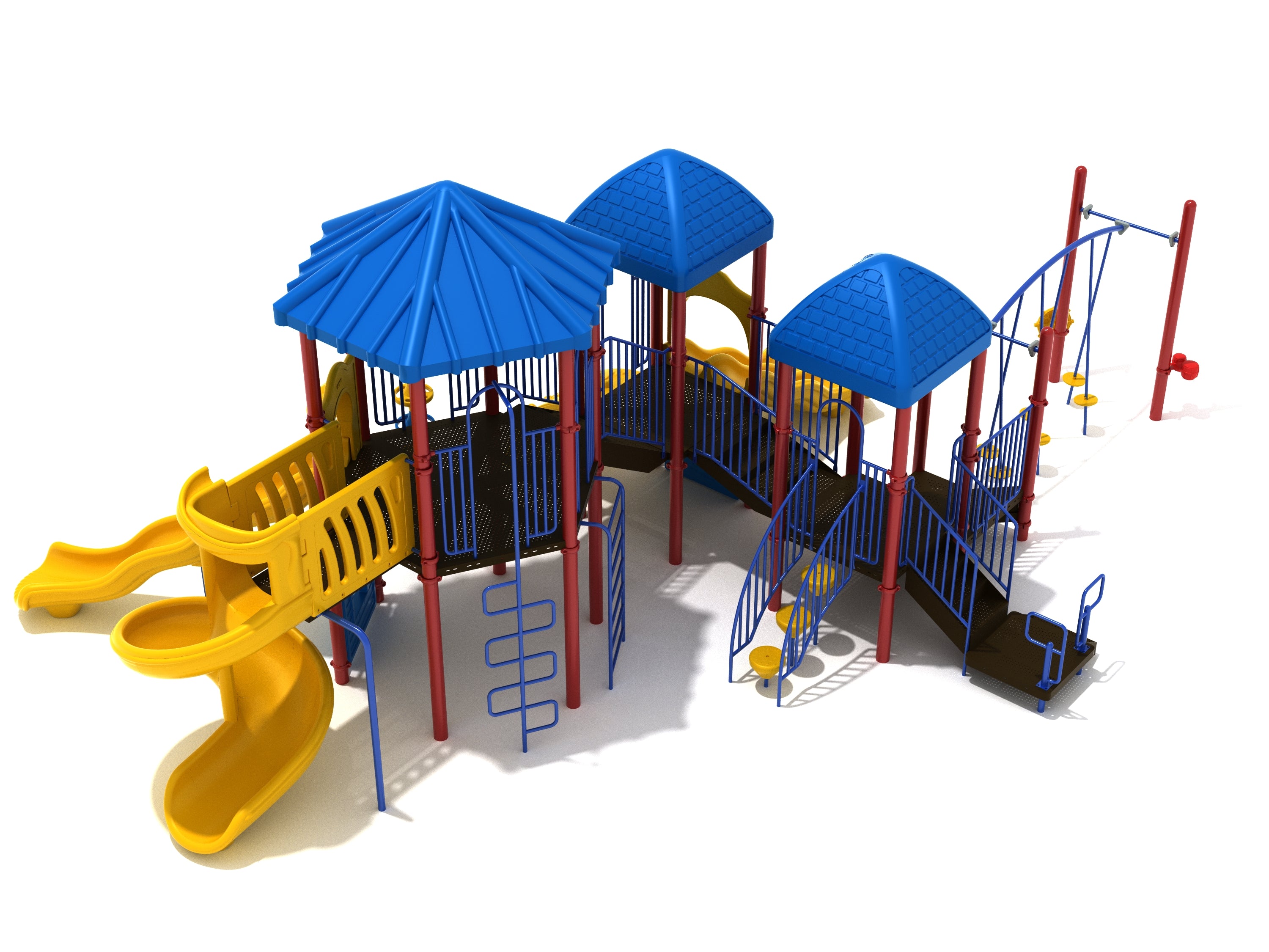 Colorful playground structure with blue roofs, red posts, yellow spiral and wave slides, climbing ladders, bridges, and interactive play panels.