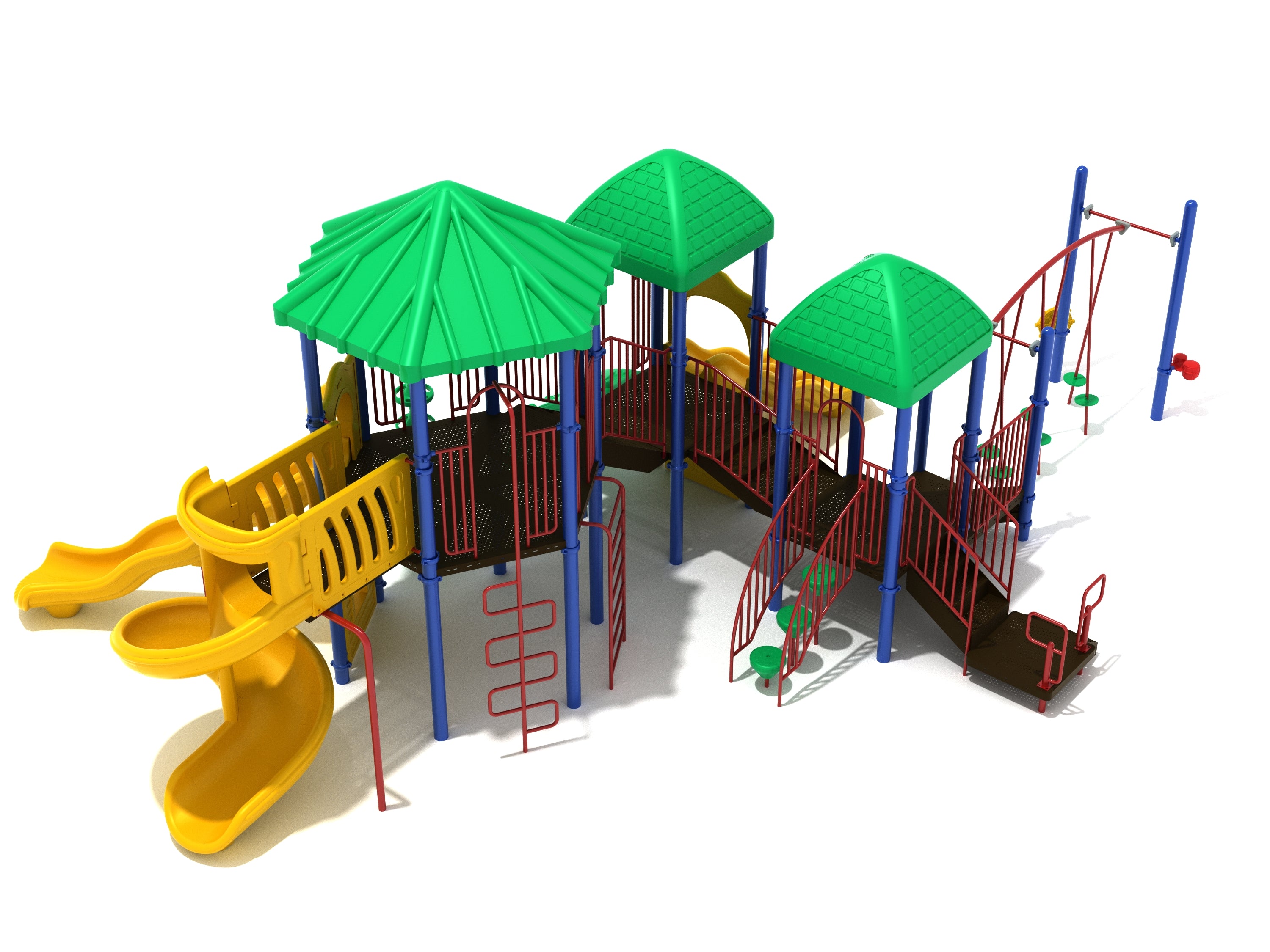 Colorful playground with green roofs, yellow slides, red railings, climbing ladders, and interactive play panels.