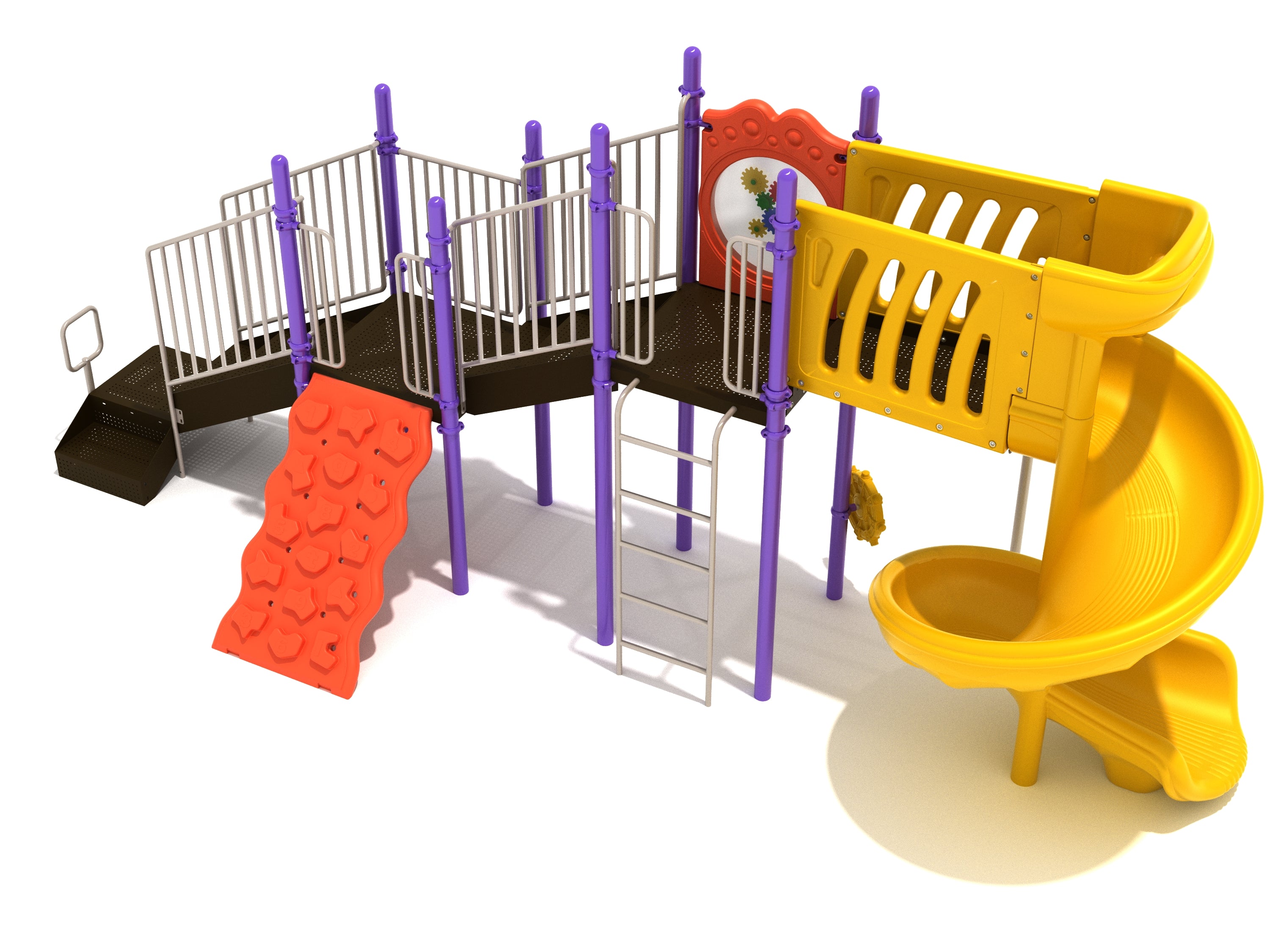 Playground structure with yellow spiral slide, orange climbing wall with educational shapes, purple support poles, metal ladder, and interactive gear panel