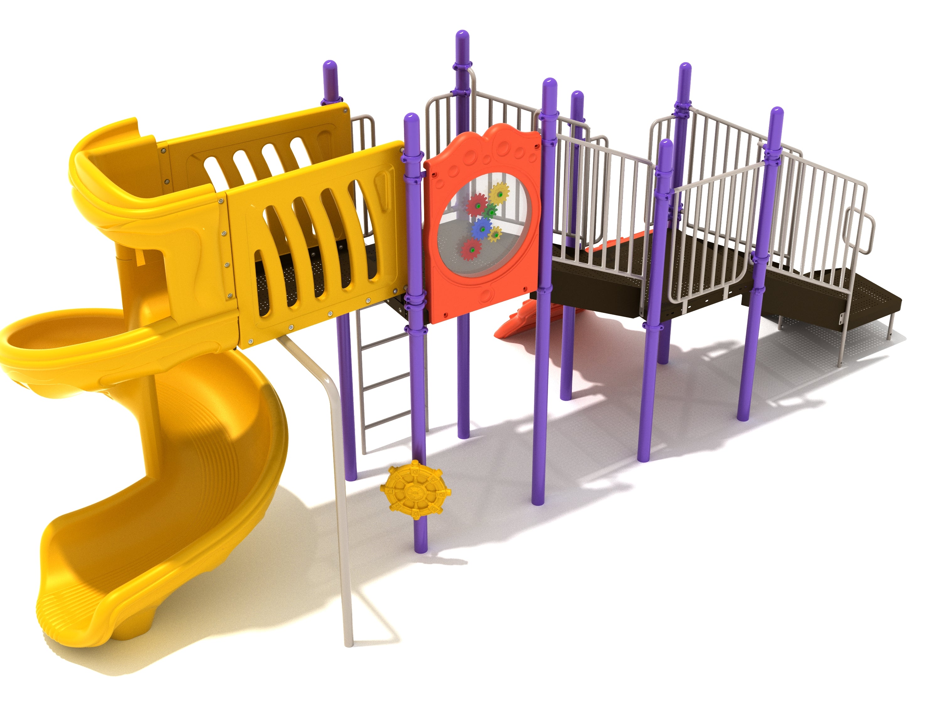 Compact playground structure with yellow spiral slide, purple support poles, climbing ladder, and interactive gear panel