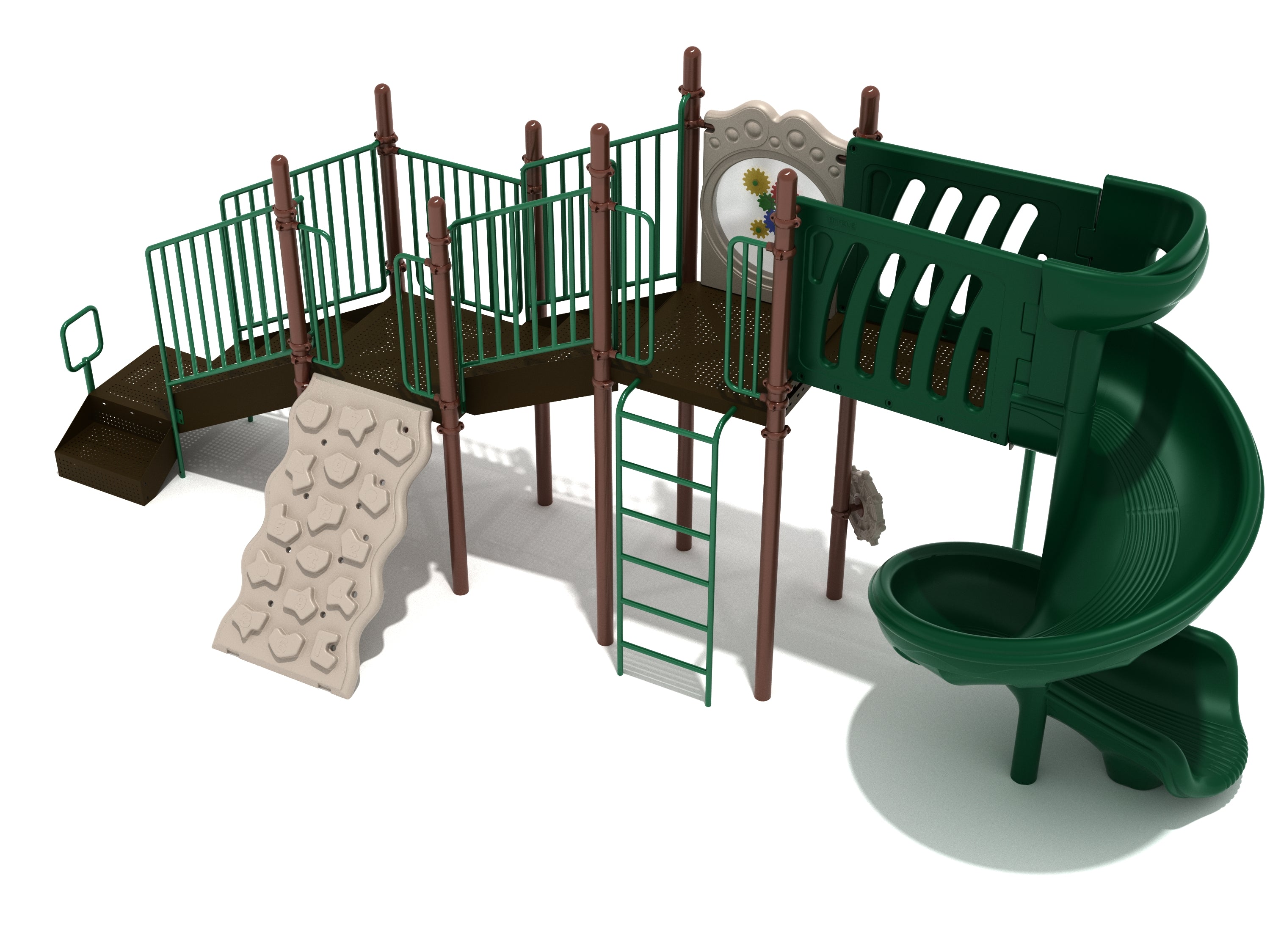 Columbia Playground large play system with green spiral slide, climbing wall, vertical ladder, and interactive panel on brown platform