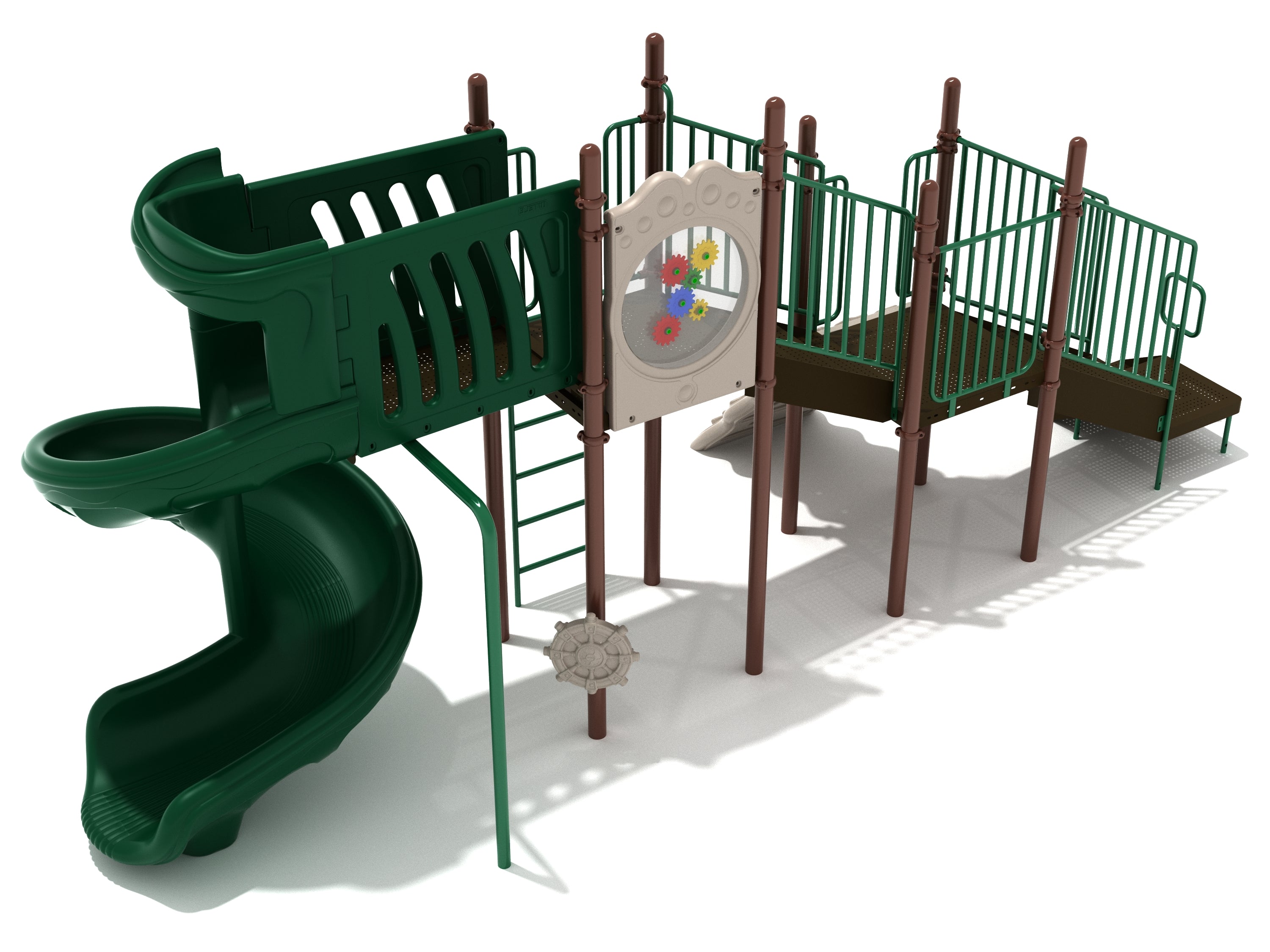 Compact playground structure with green spiral slide, climbing ladder, interactive gear panel, and safety railings