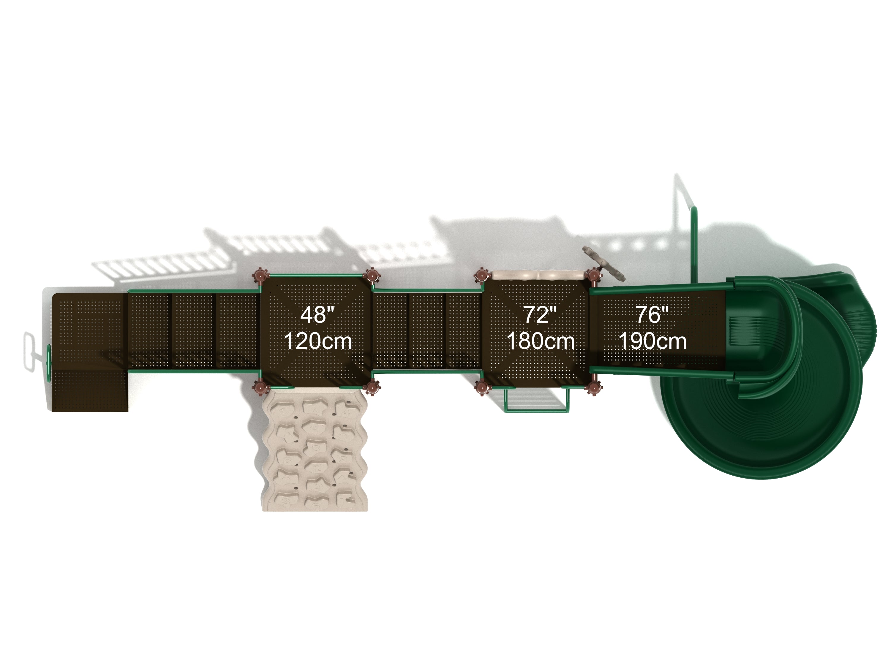 Overhead view of green and beige playground structure with spiral slide, climbing wall, figure climber, and multiple platforms