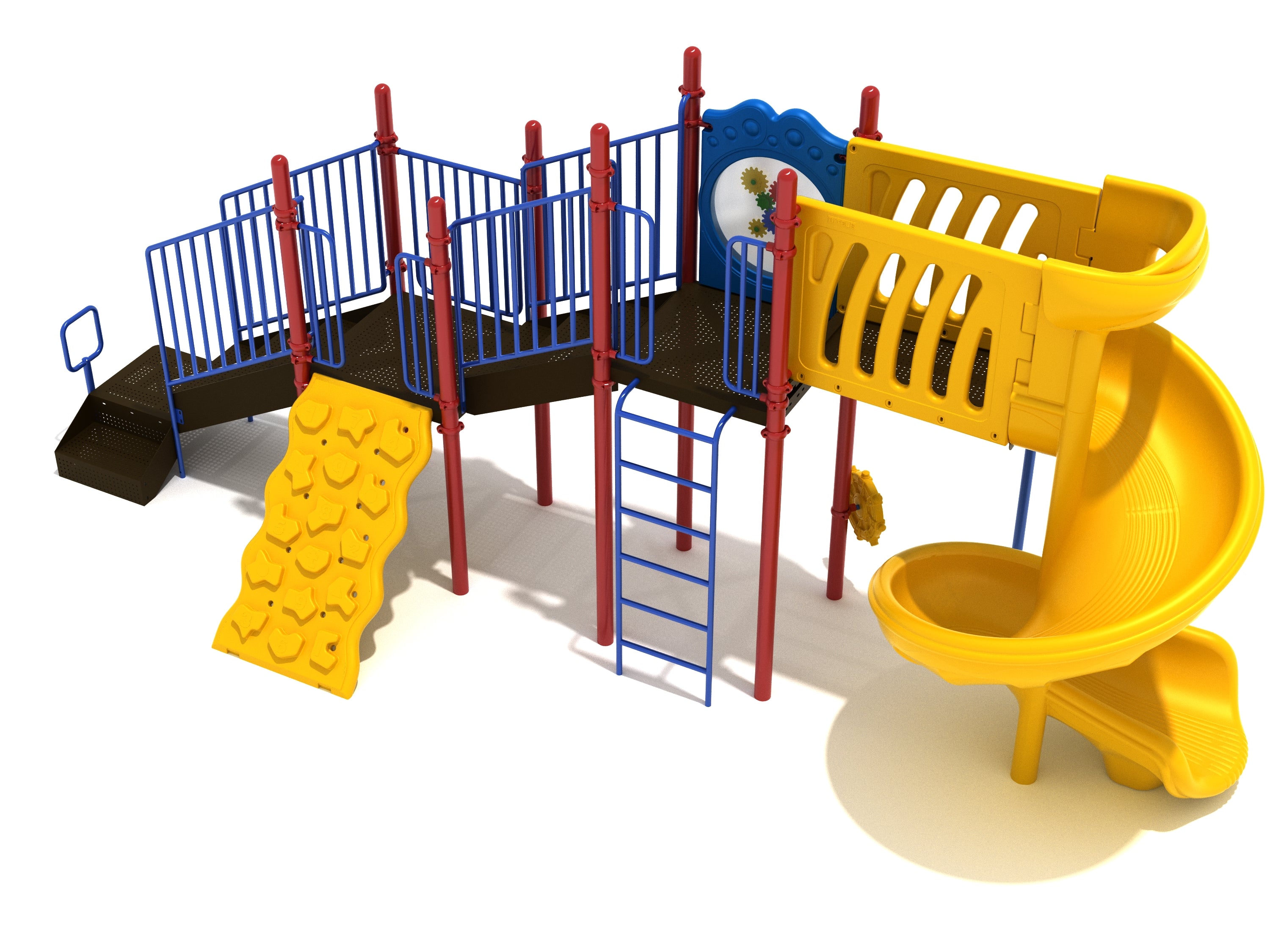 Compact playground structure with yellow spiral slide, climbing wall with educational shapes, vertical ladder, and blue railings on elevated platforms