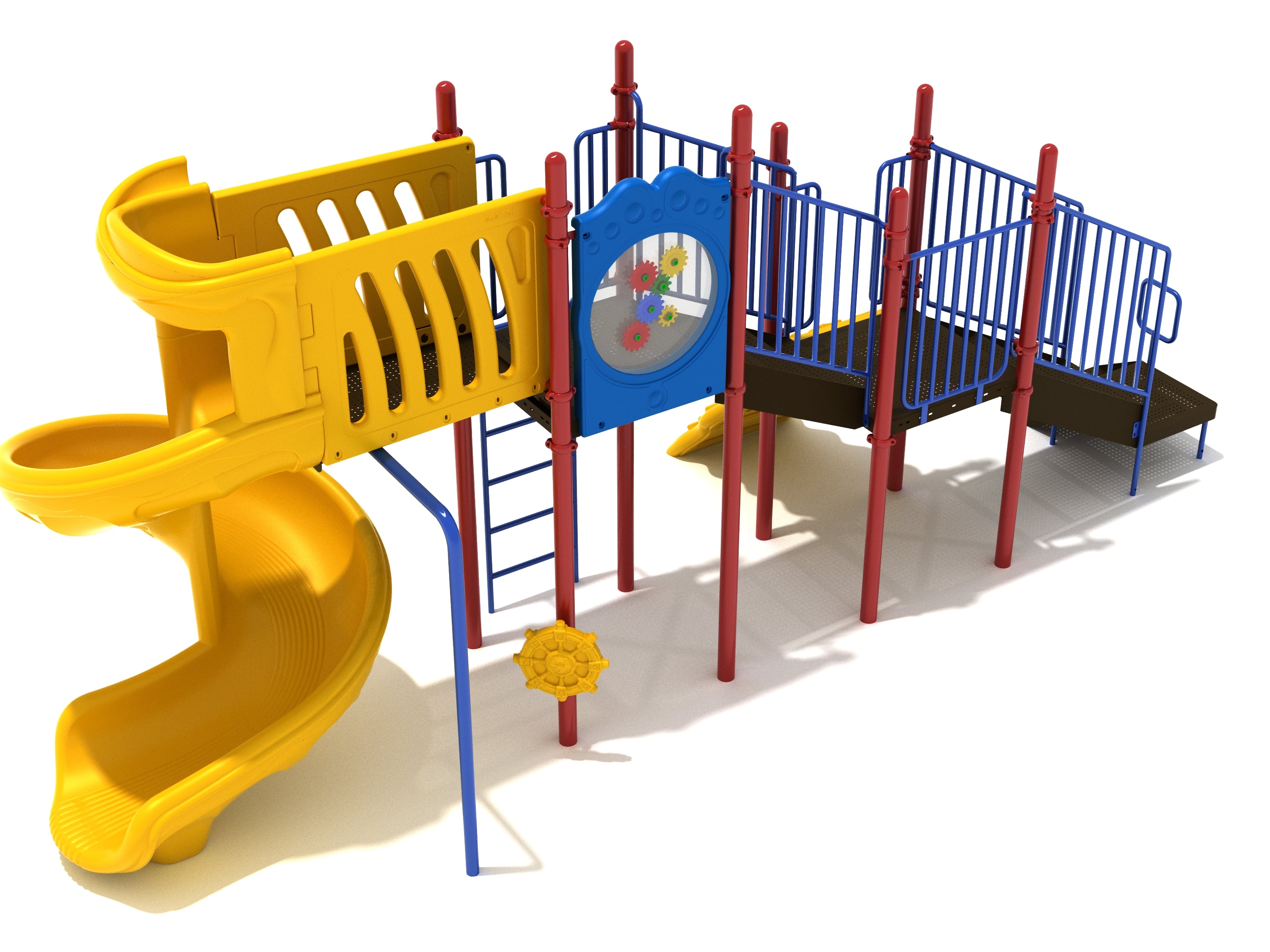 Colorful playground structure with yellow spiral slide, blue climbing ladder, interactive gear panel, and red support posts.
