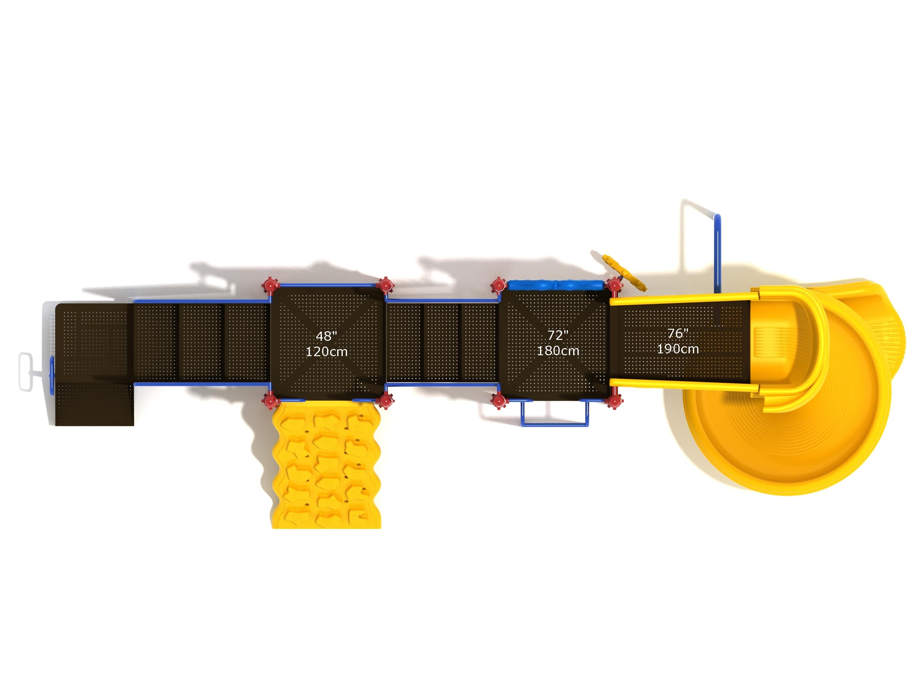 Overhead view of compact playground with yellow spiral slide, climbing wall with educational shapes, platforms, and connecting bridges