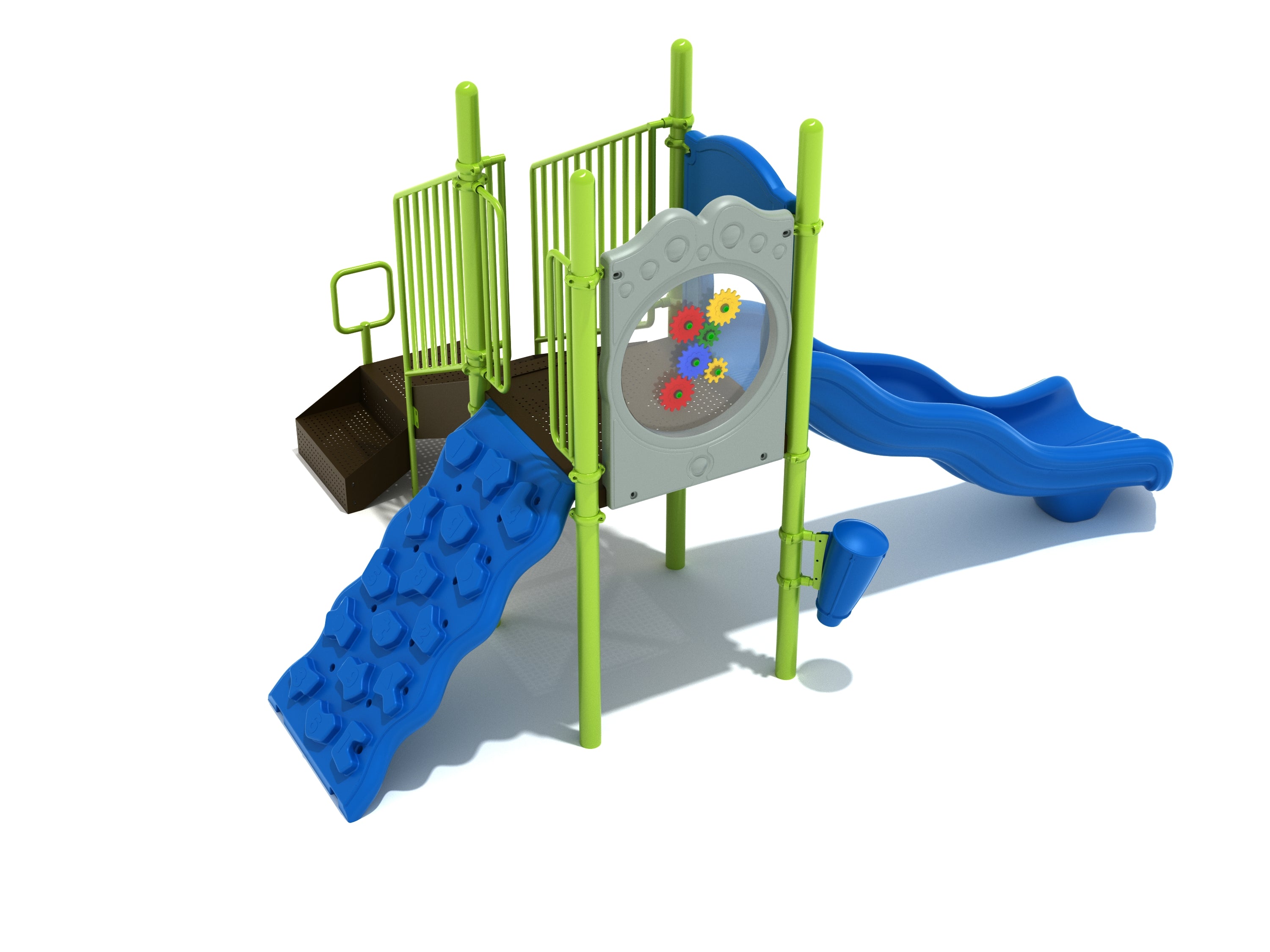 Compact playground structure with blue climbing wall, straight slide, colorful gear panel, accessible transfer station, and ground-level drum