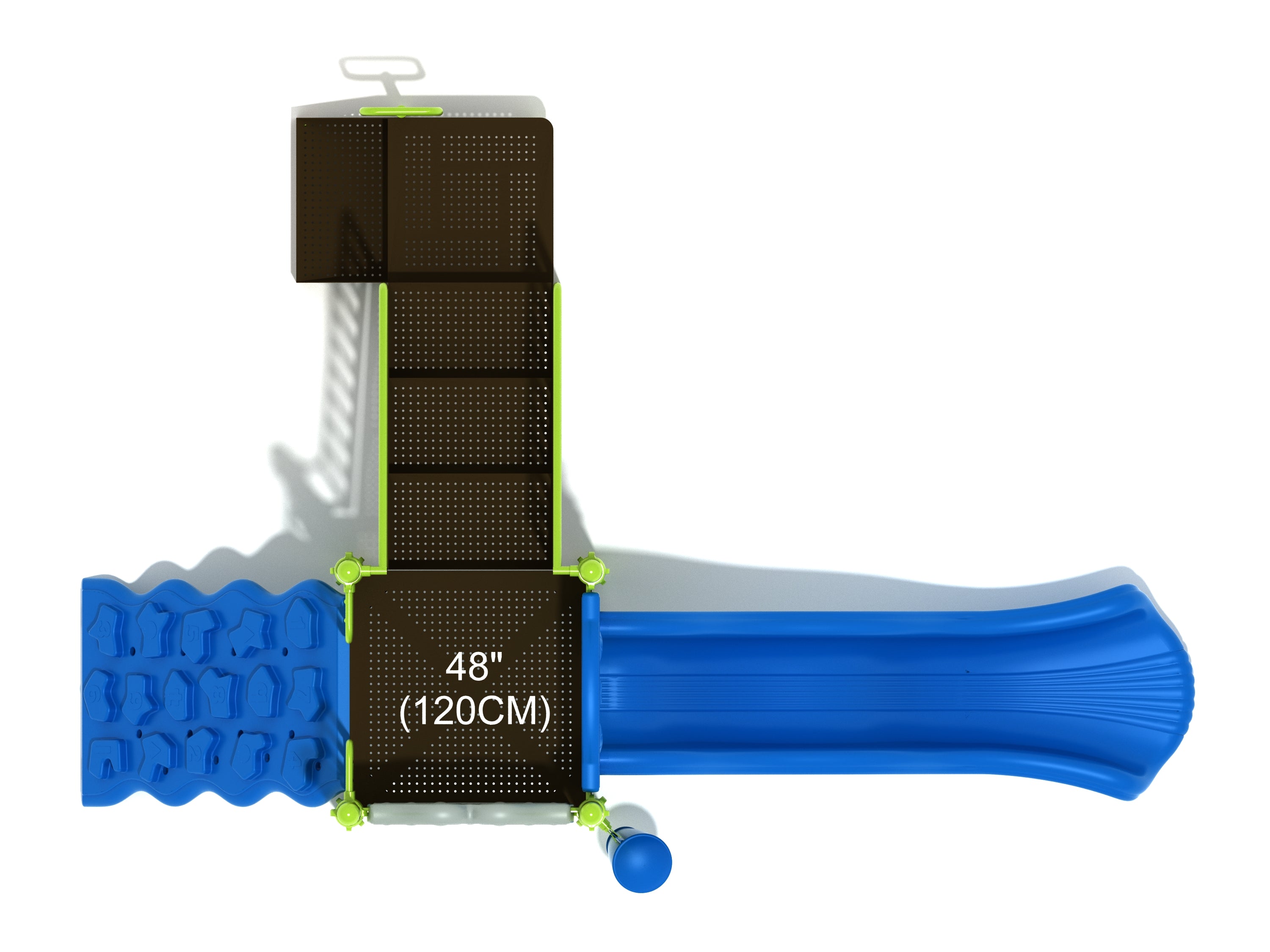 Overhead view of compact playground with blue straight slide, number climber, gear panel, and ground-level single drum