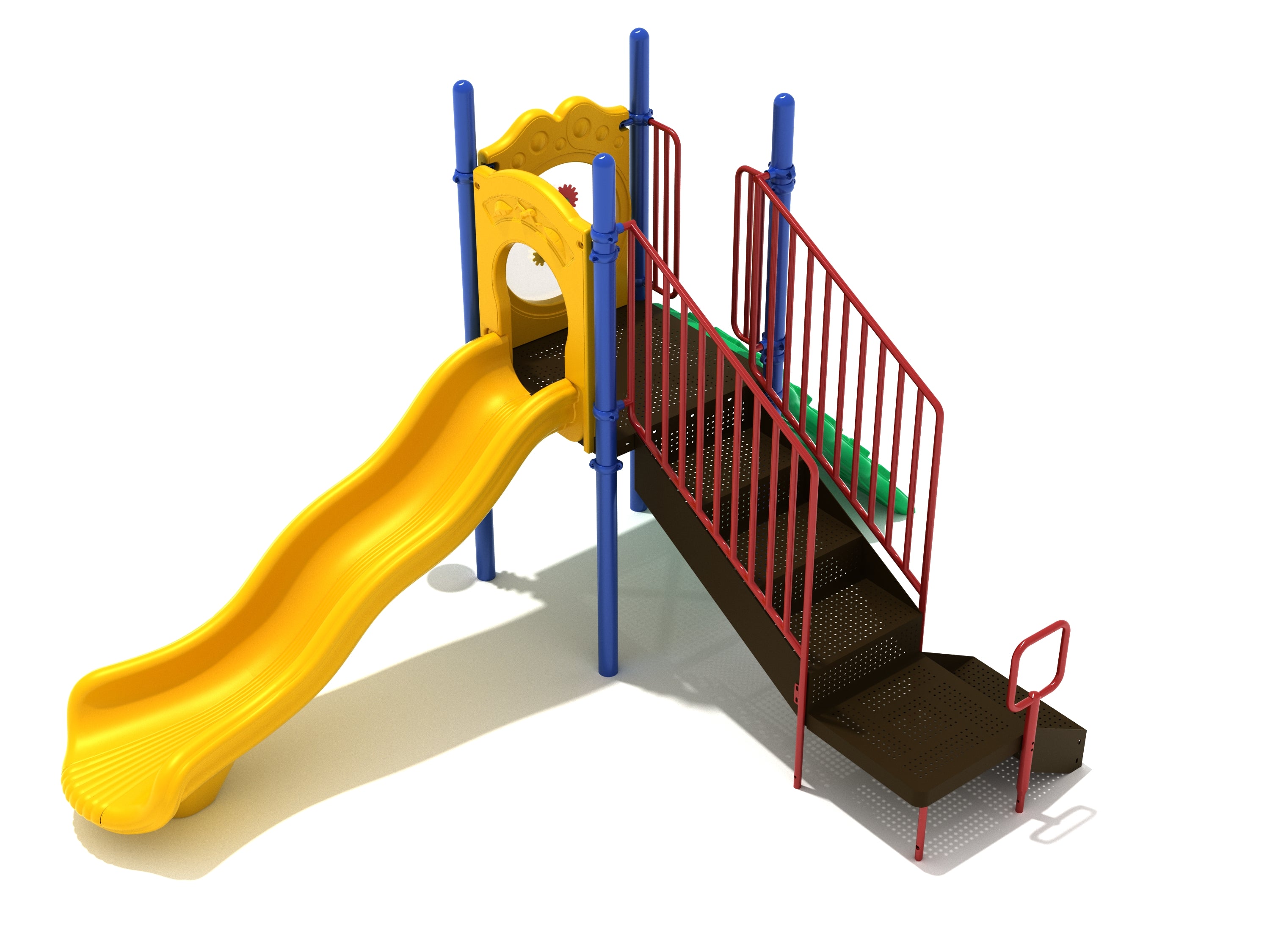 Compact playground structure with yellow wavy slide, red railings, blue supports, brown perforated steps, and interactive panels