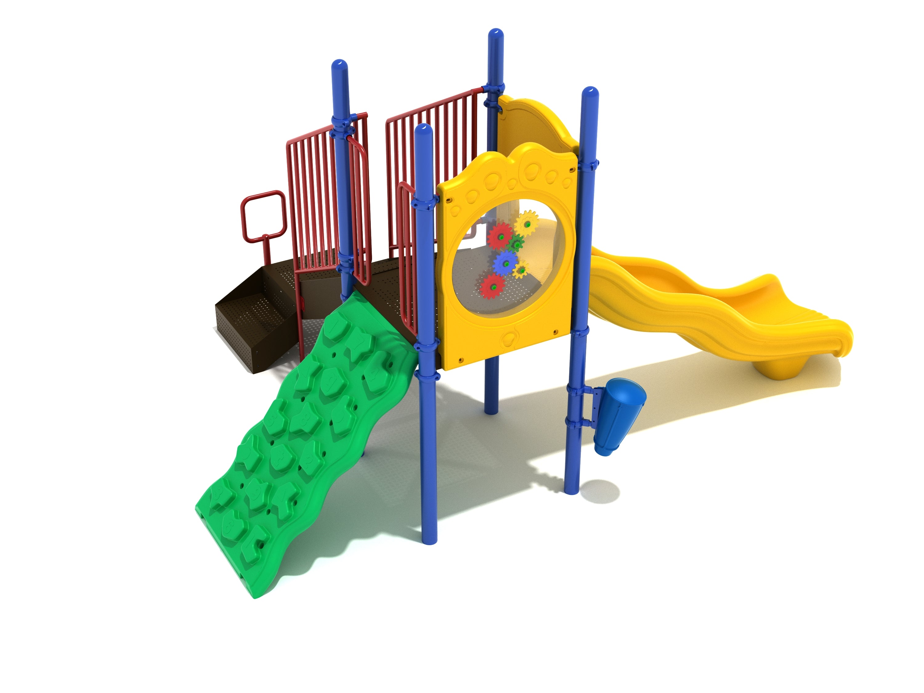 Compact playground structure with yellow double slide, green climbing wall, red railings, blue posts, gear panel, and mounted drum.