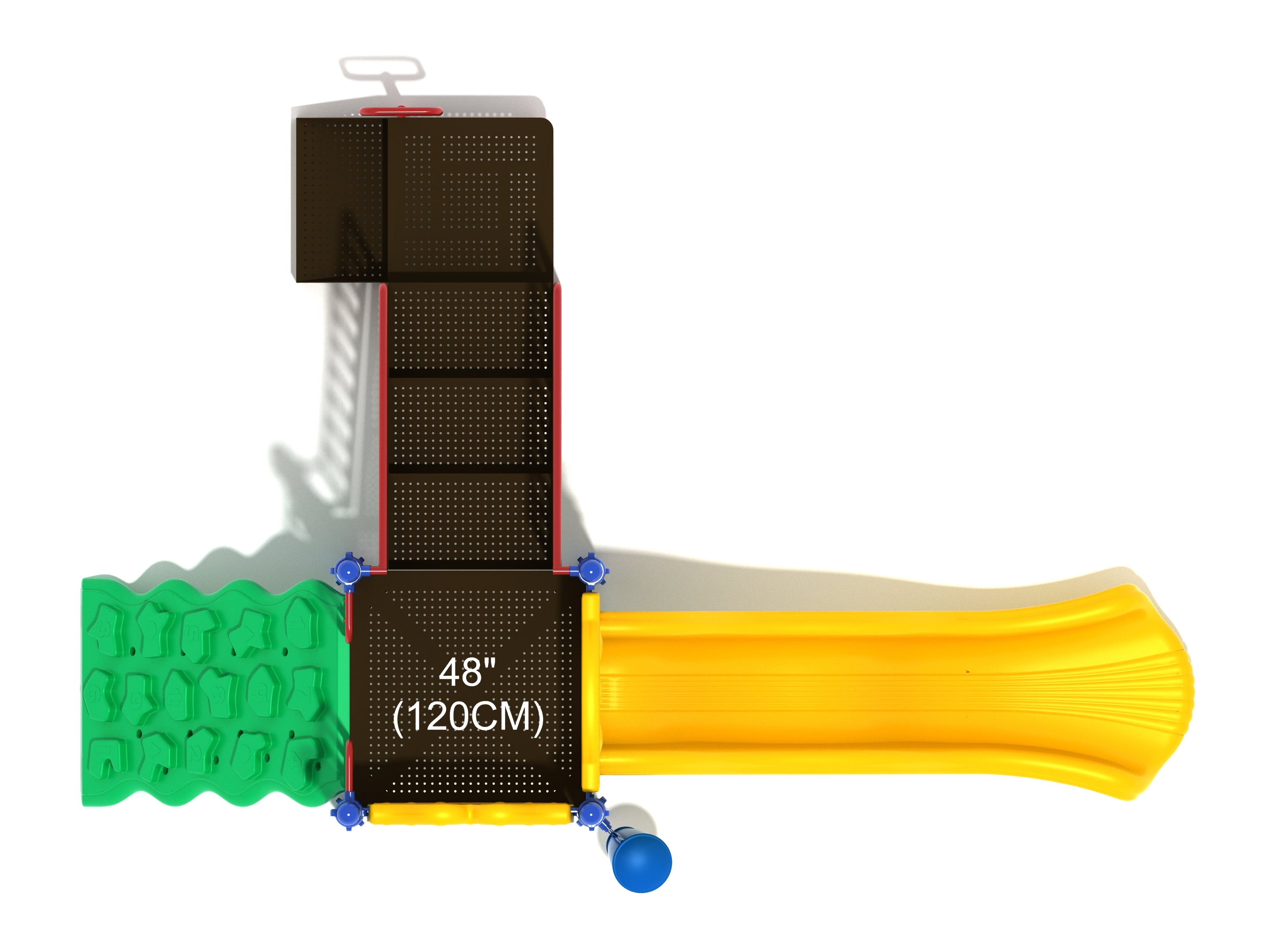 Overhead view of compact playground with yellow straight slide, green number climber, black deck, blue gear panel, and ground-level single drum panel