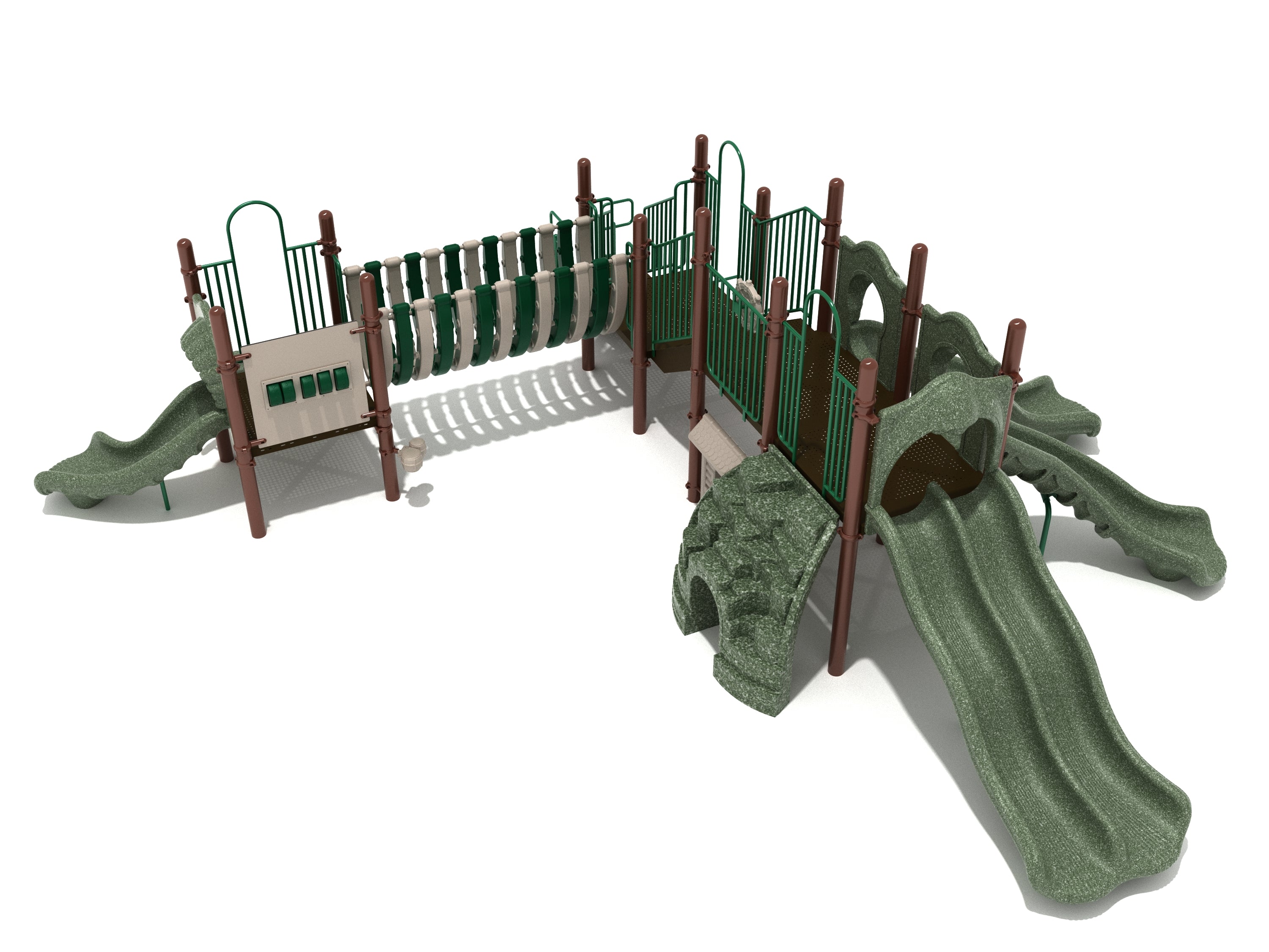 Elevated green and brown playground structure with multiple slides, climbing features, connecting bridge, and interactive panels