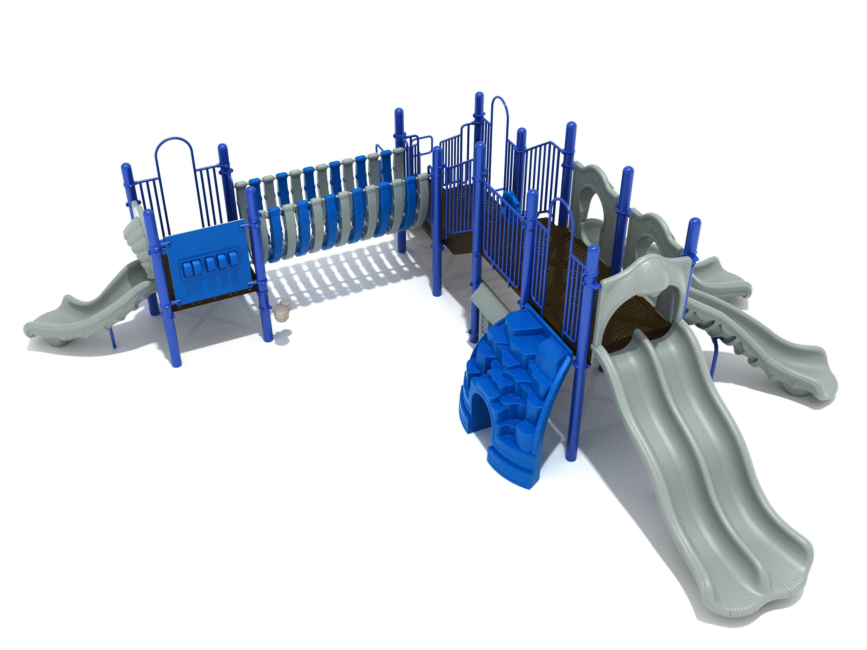 Blue and gray playground structure with multiple slides, climbing features, connecting bridge, and interactive play panels at ground level