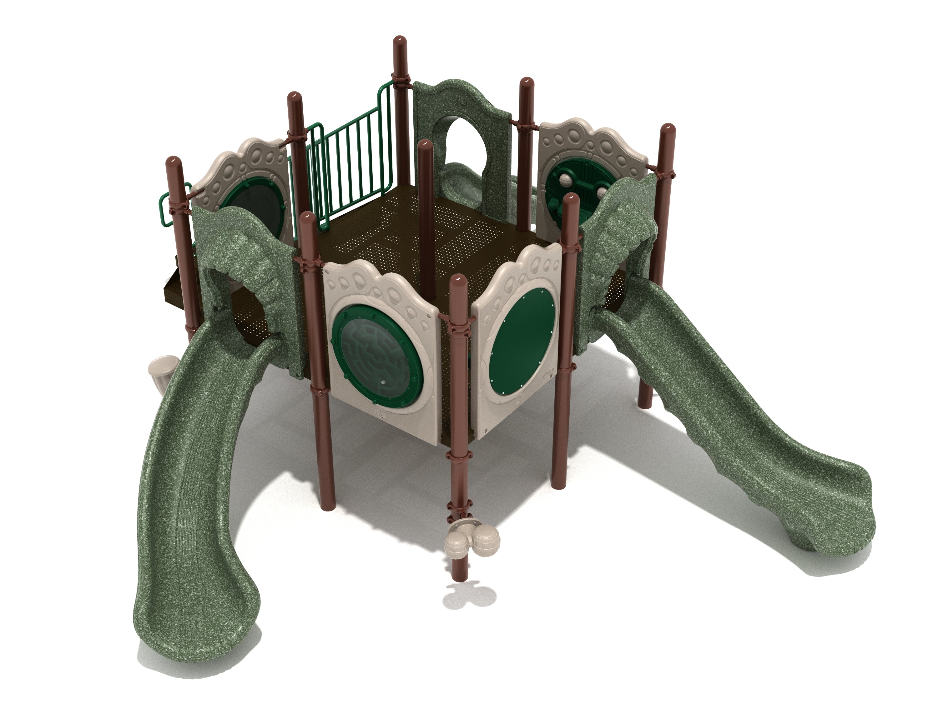Preschool playground structure with green slides, activity panels including maze and musical drums, and brown support posts