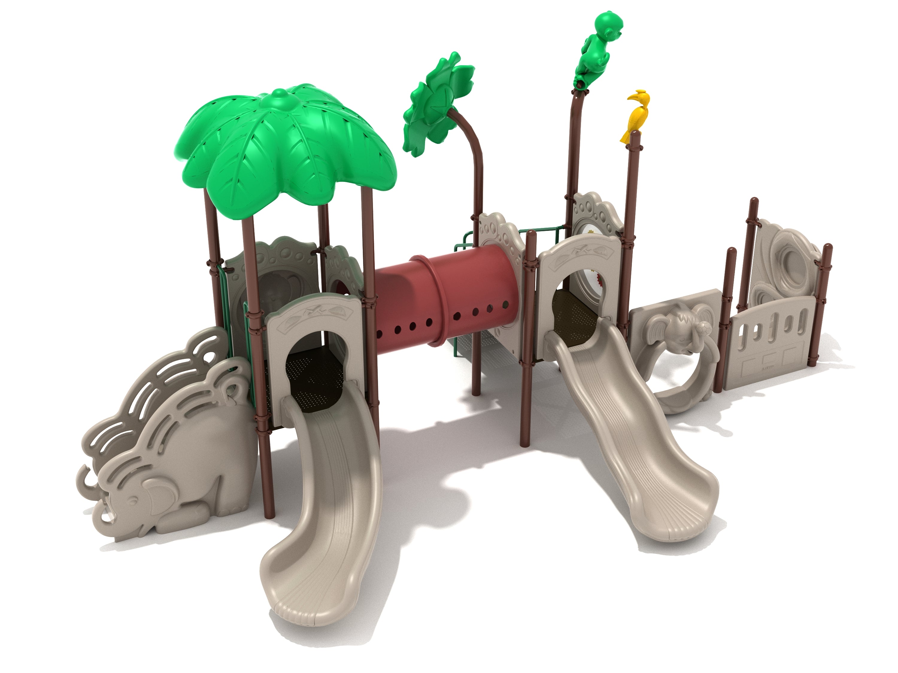 Jungle-themed playground with dual slides, tube bridge, animal and leaf toppers, interactive gear and drum panels.