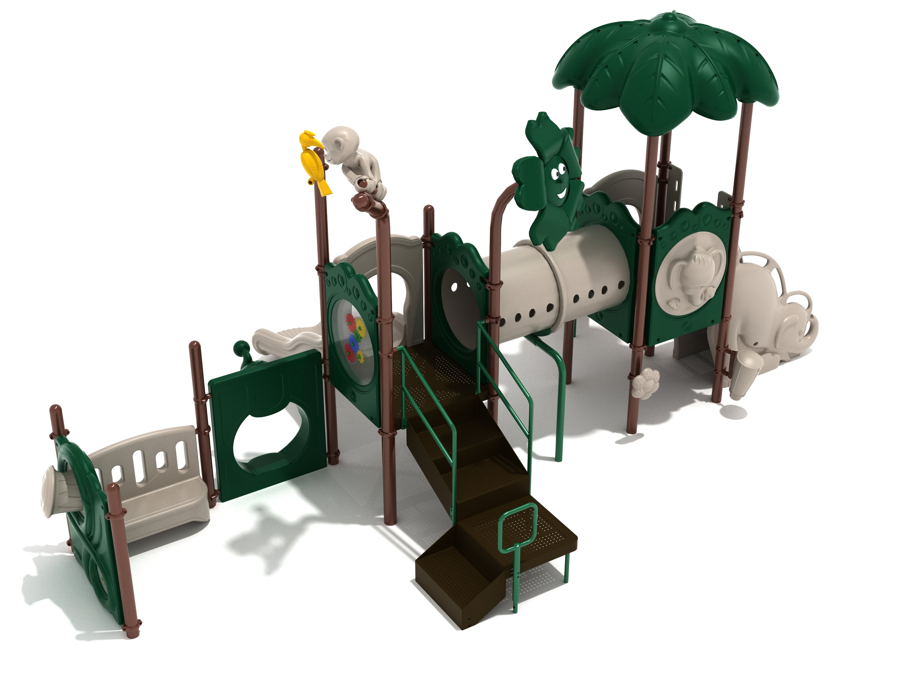 Colorful jungle-themed playground with slides, tube bridge, interactive panels, and animal-shaped turret toppers