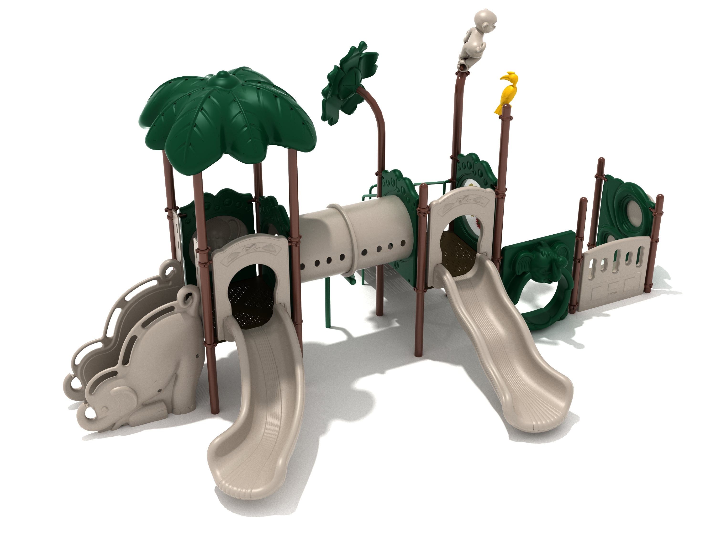 Cedar Rapids Playground large play system with dual slides, tube bridge, animal-themed panels, and green leaf canopy