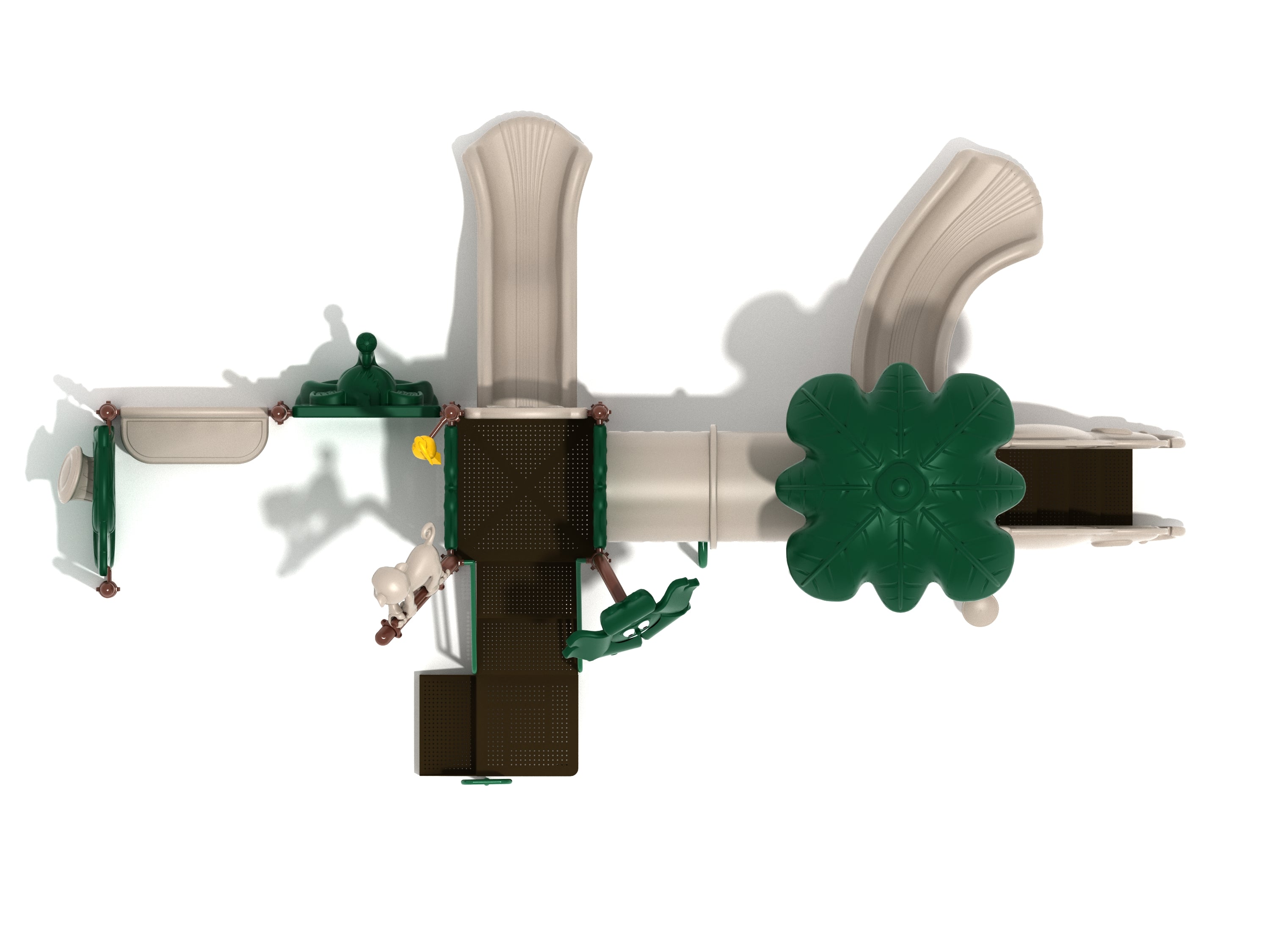 Overhead view of green and beige playground with slides, tube bridge, animal-shaped panels, and themed turret toppers