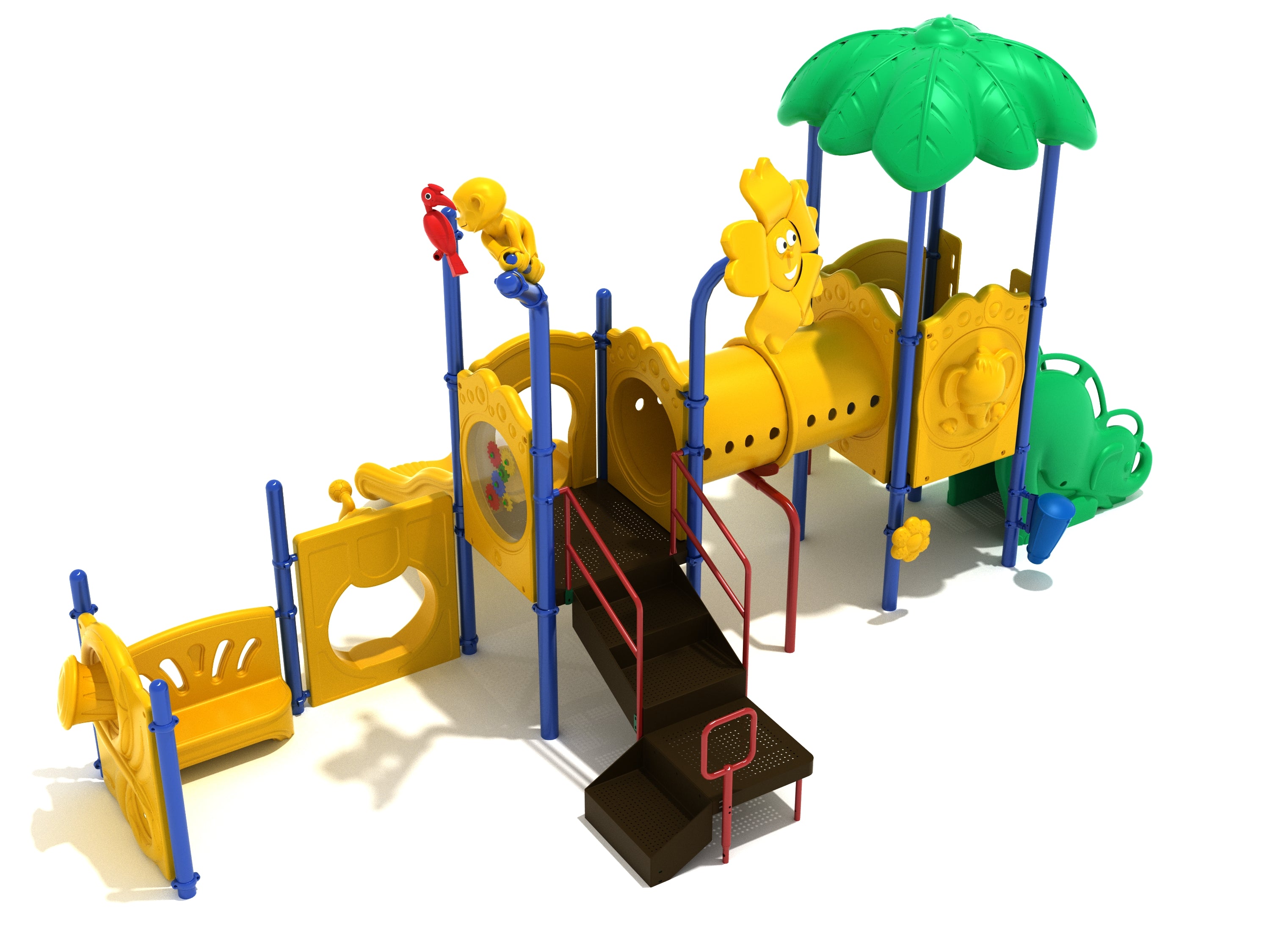 Colorful jungle-themed playground with slides, tube bridge, interactive panels, and animal-shaped turret toppers