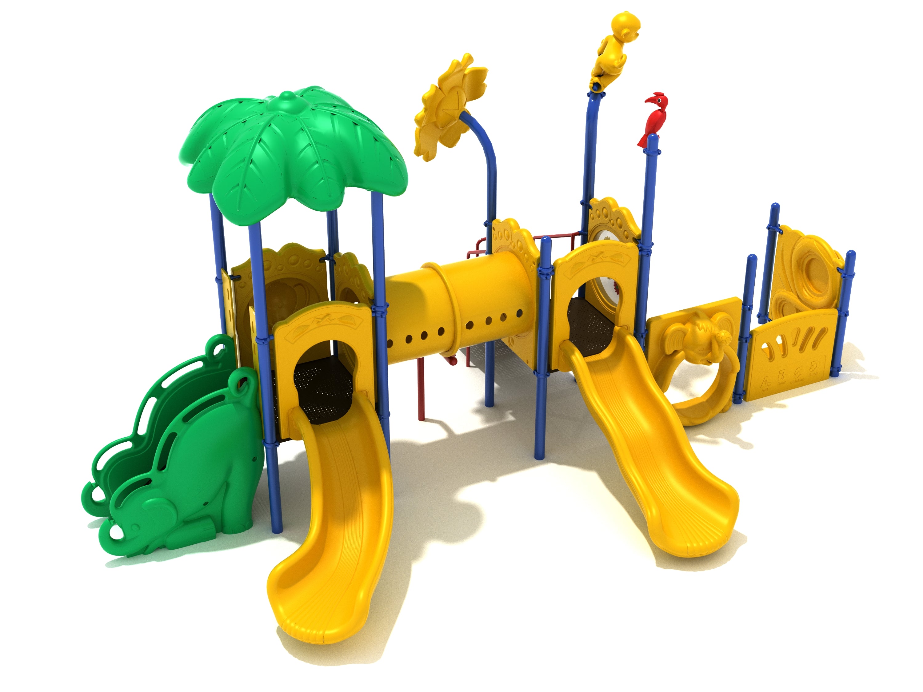 Colorful playground with yellow slides, green climbing wall, tube bridge, and animal-themed turret toppers including monkey and parrot.