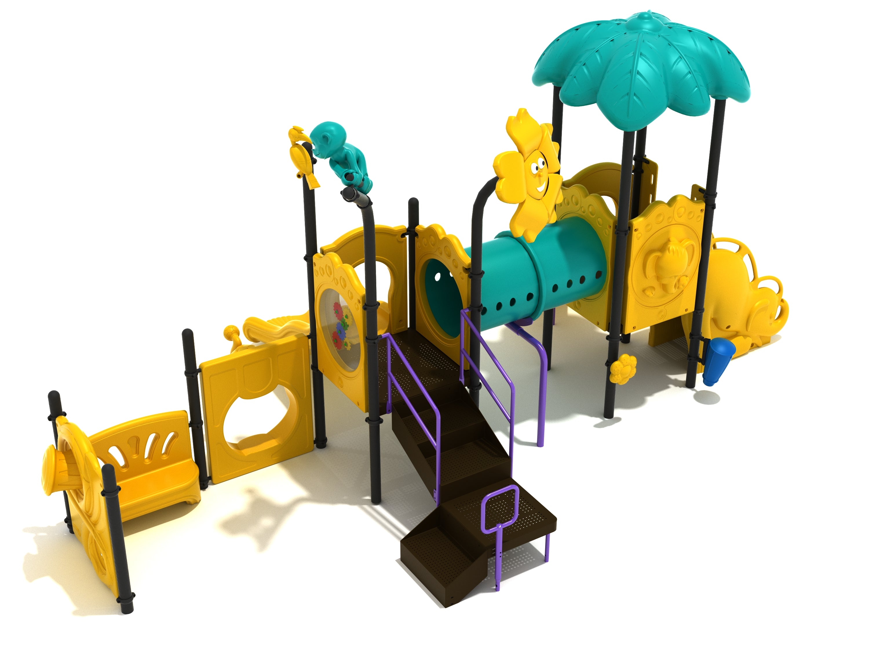 Colorful children's playground with slides, tube bridge, interactive panels, and animal-themed turret toppers including monkey and parrot