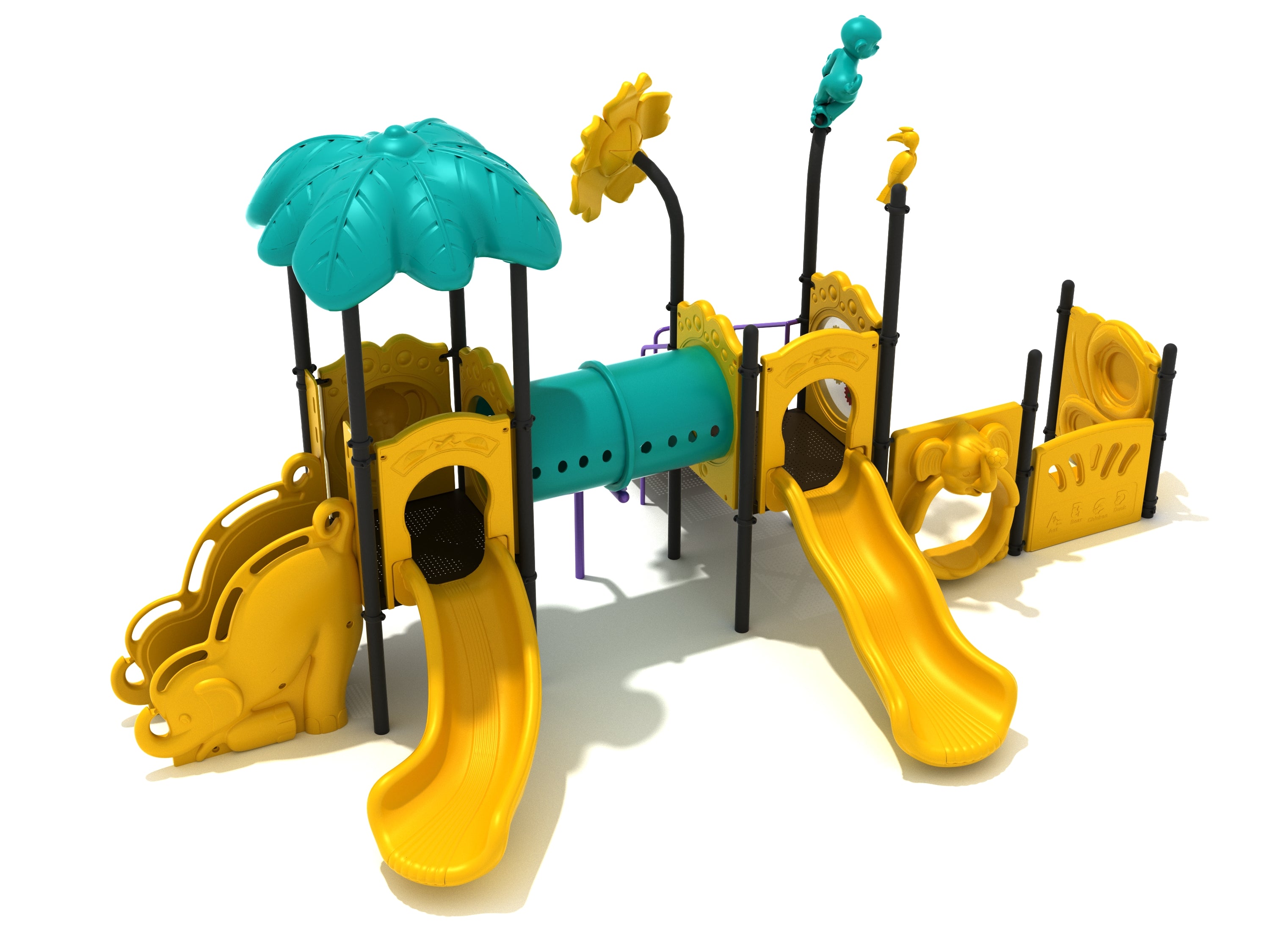 Colorful playground with yellow slides, teal tube bridge, jungle-themed toppers including leaf roof, monkey, parrot, and flower figures