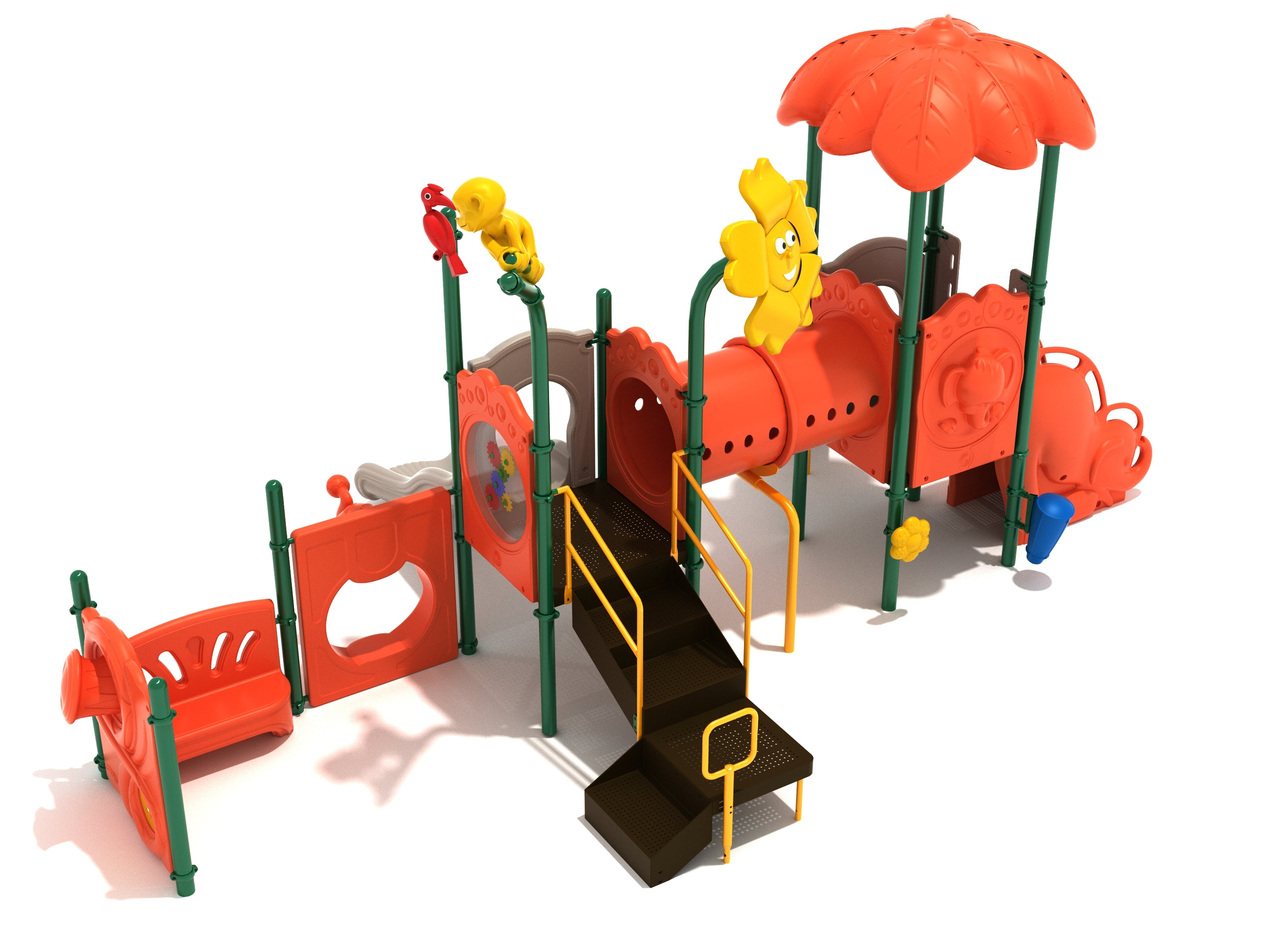 Colorful children's playground with slides, stairs, interactive panels, tube bridge, and animal-themed turret toppers.