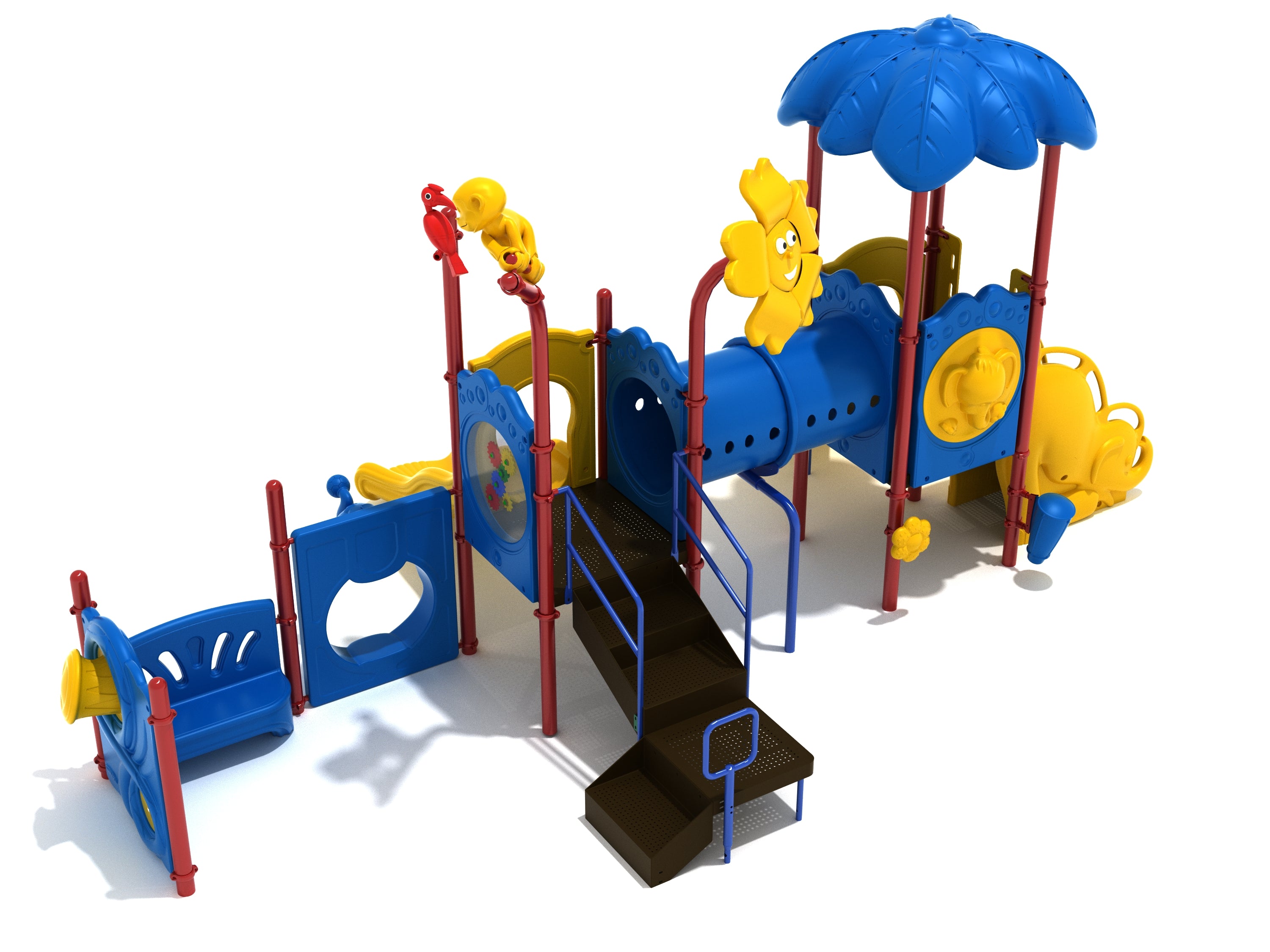 Colorful children's playground with slides, tube bridge, interactive panels, and animal-themed turret toppers including monkey and parrot