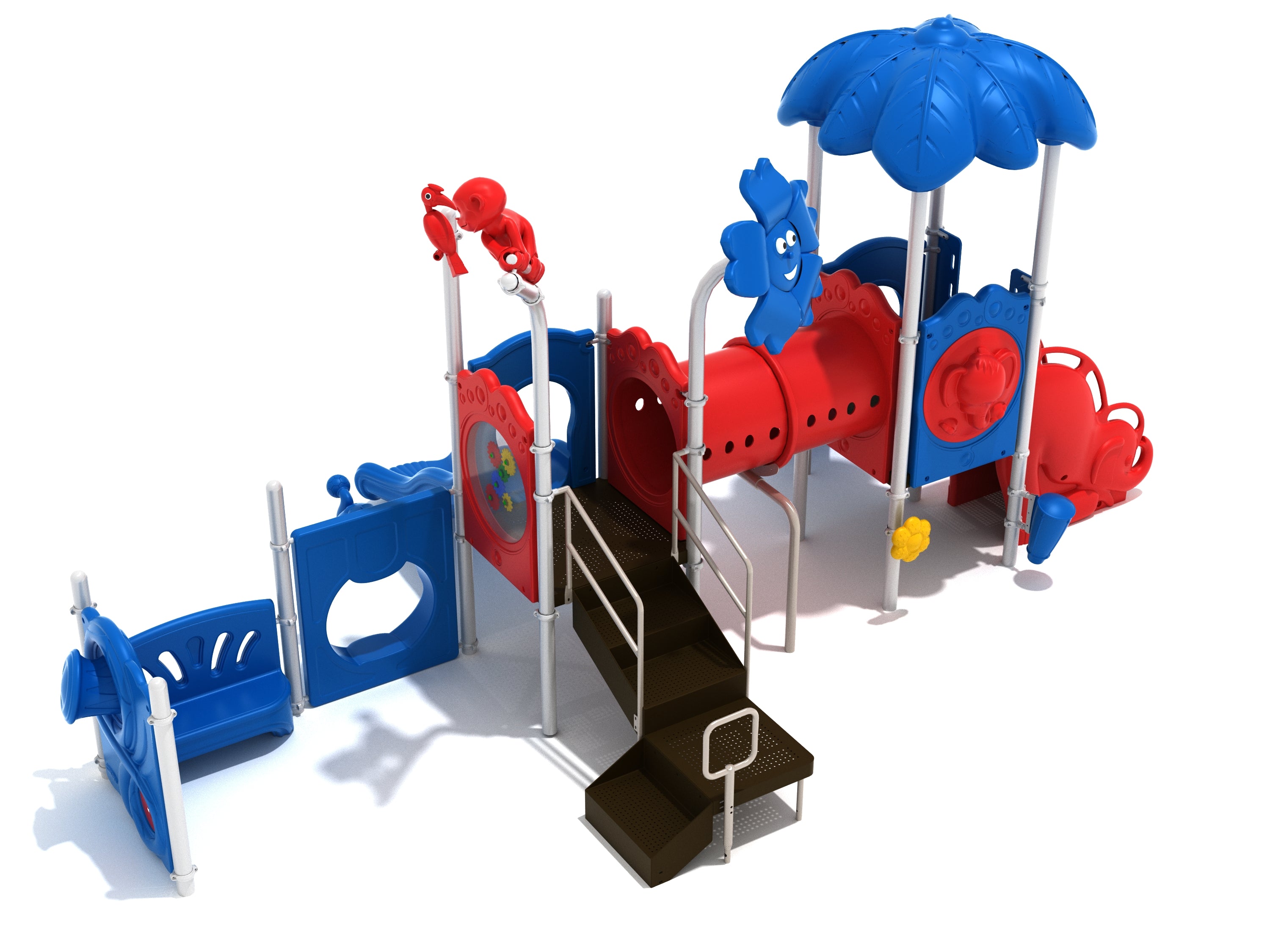 Colorful children's playground with slides, tube bridge, interactive panels, and animal-themed turret toppers.