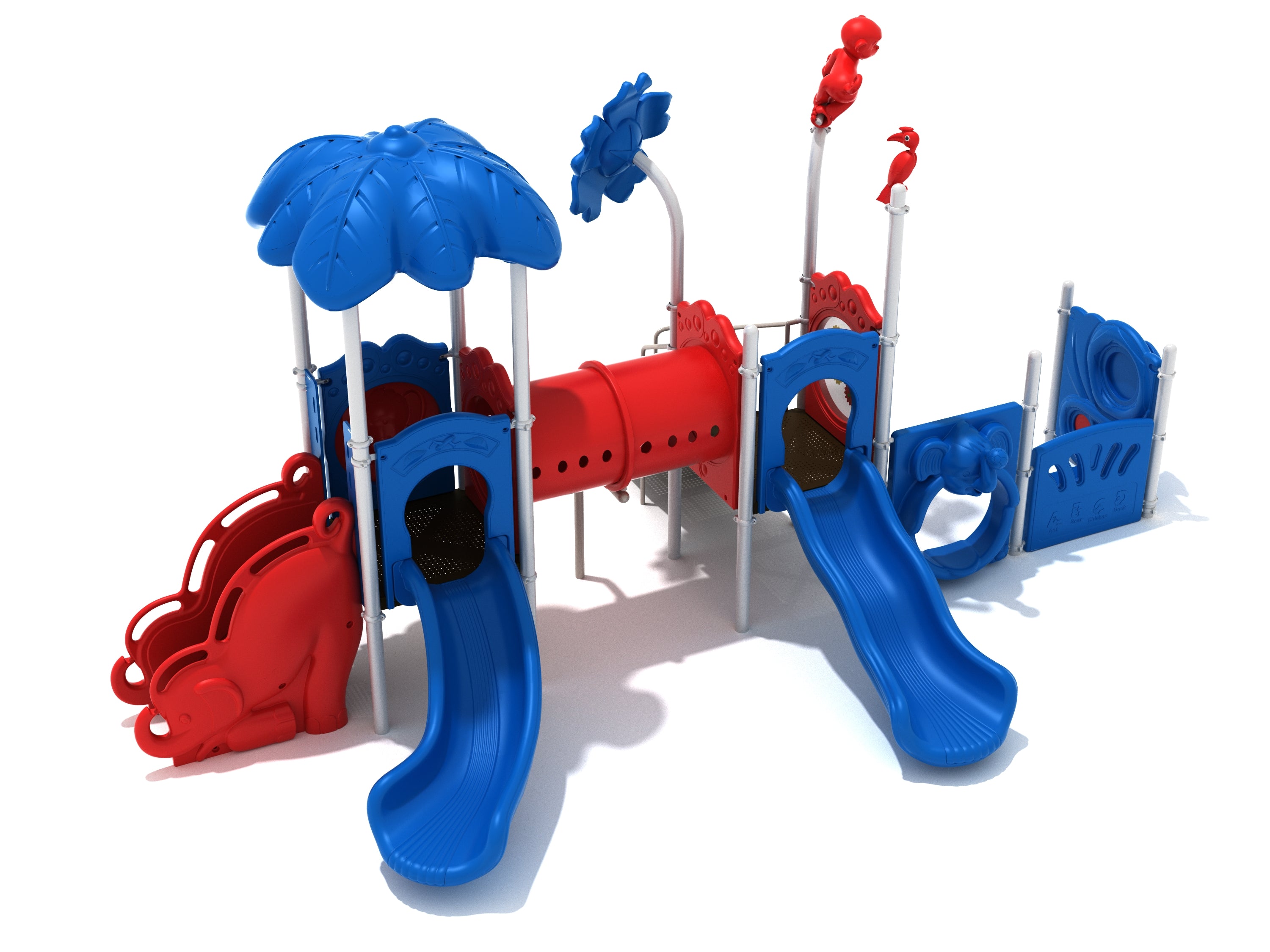 Colorful children's playground with blue wave and right turn slides, tube bridge, climbing elements, and animal-themed toppers