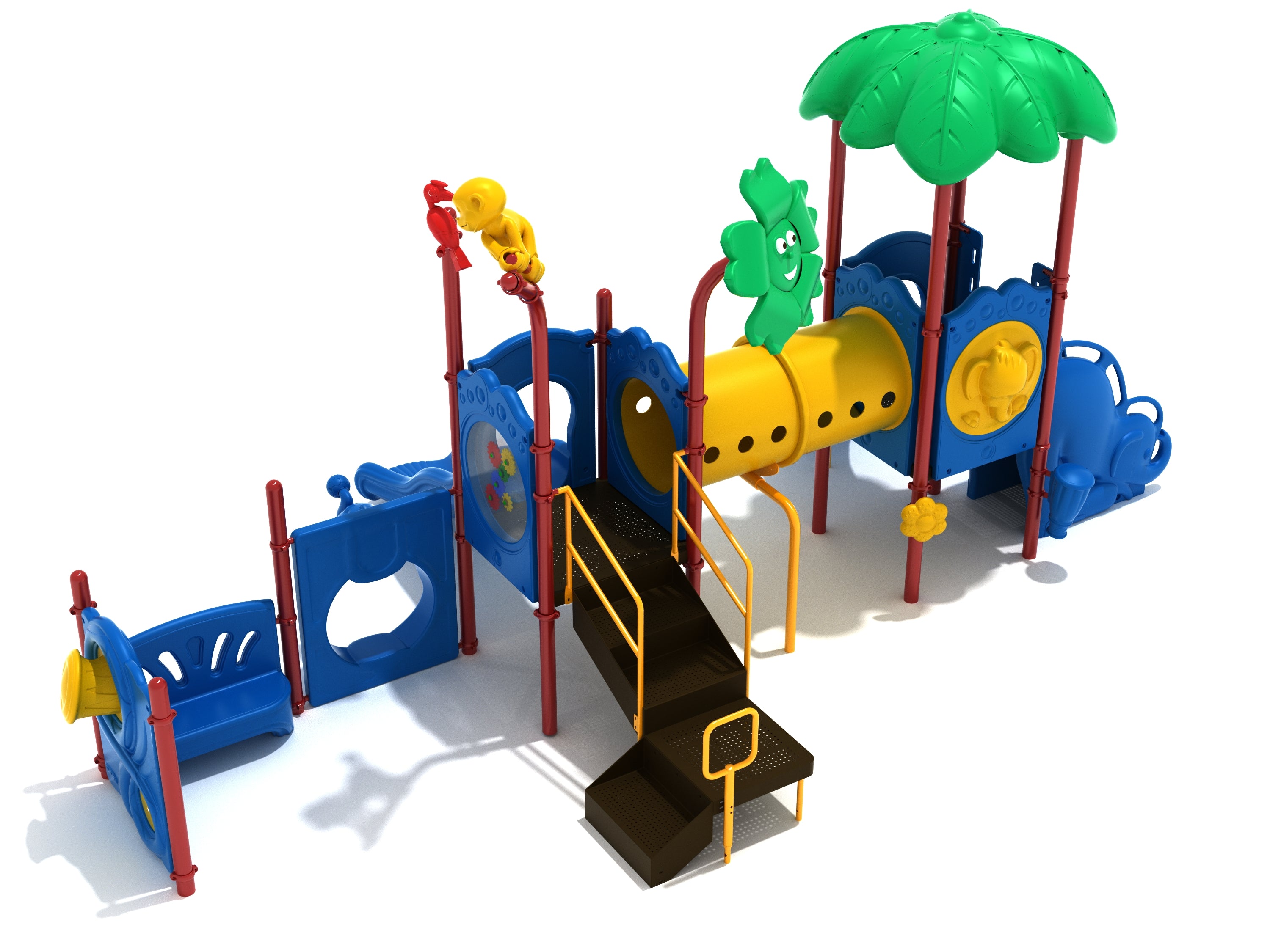 Colorful children's playground with slides, stairs, tube bridge, interactive panels, and animal and leaf-themed toppers