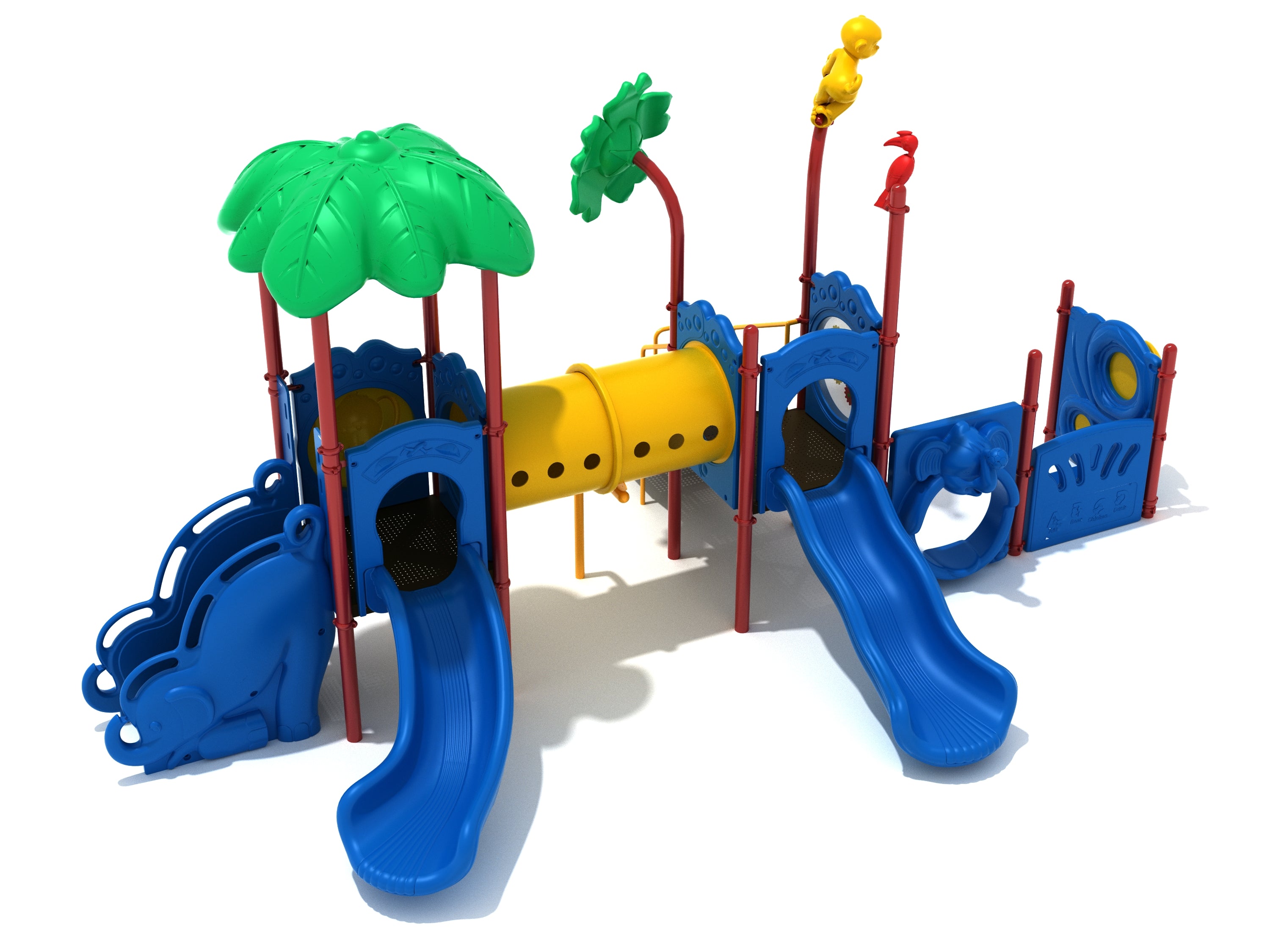 Colorful playground with blue wave and right-turn slides, yellow tube bridge, green leaf canopy, and animal-themed toppers including monkey and parrot