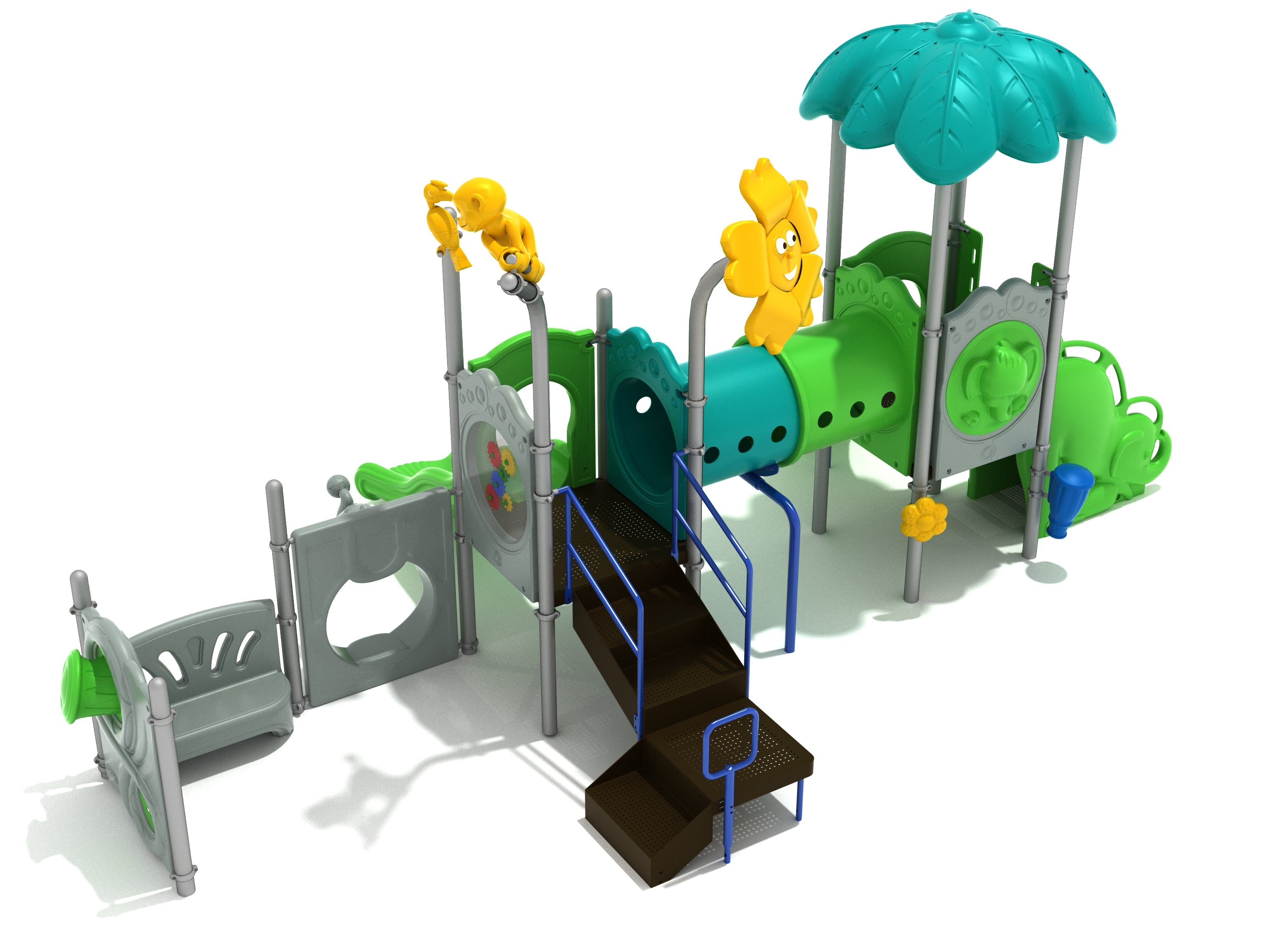 Colorful playground with slides, tube bridge, interactive panels, and animal-themed turret toppers including monkey and parrot.
