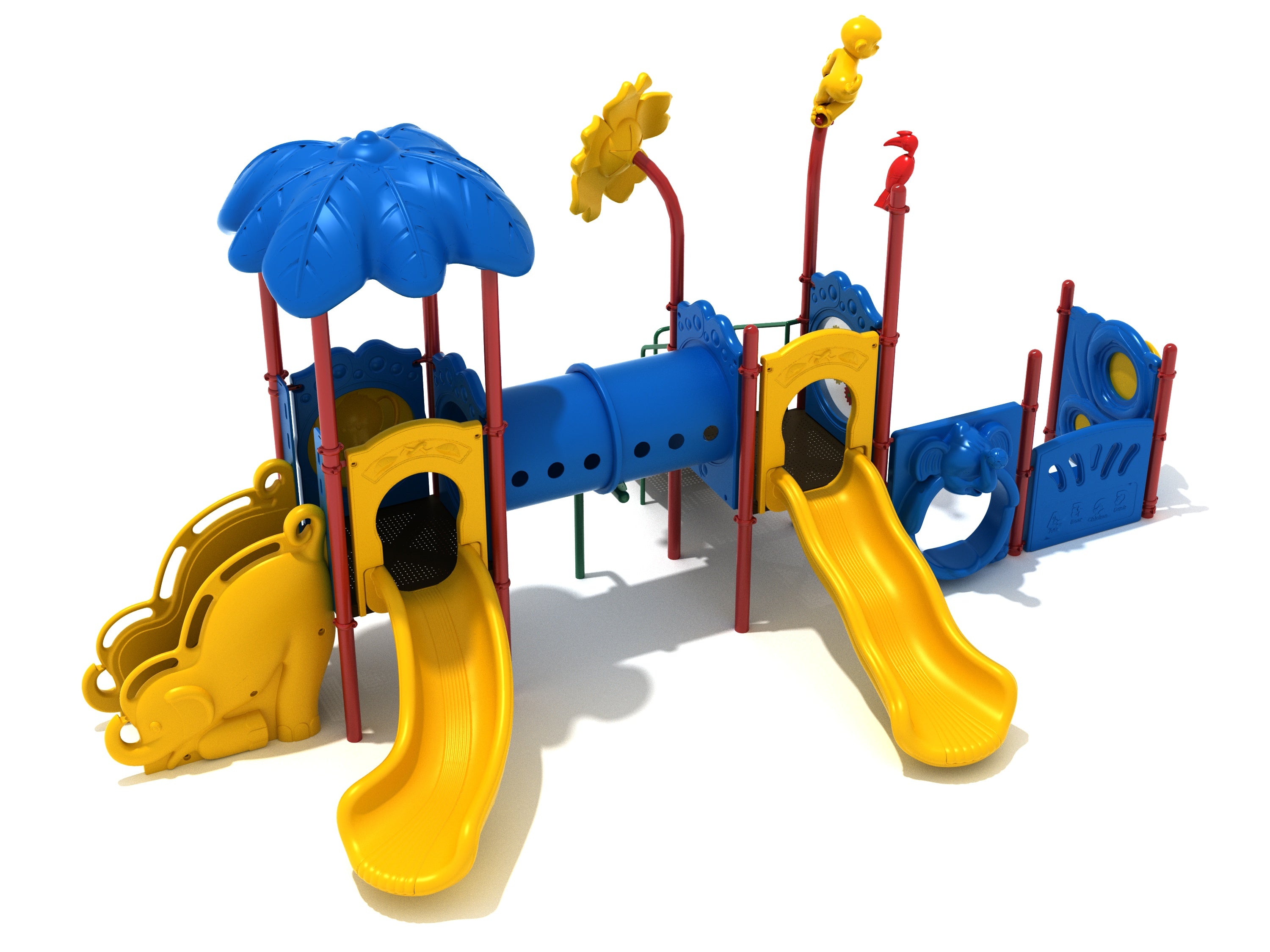 Colorful playground with yellow slides, blue tube bridge, elephant and bird-themed panels, and animal-shaped toppers