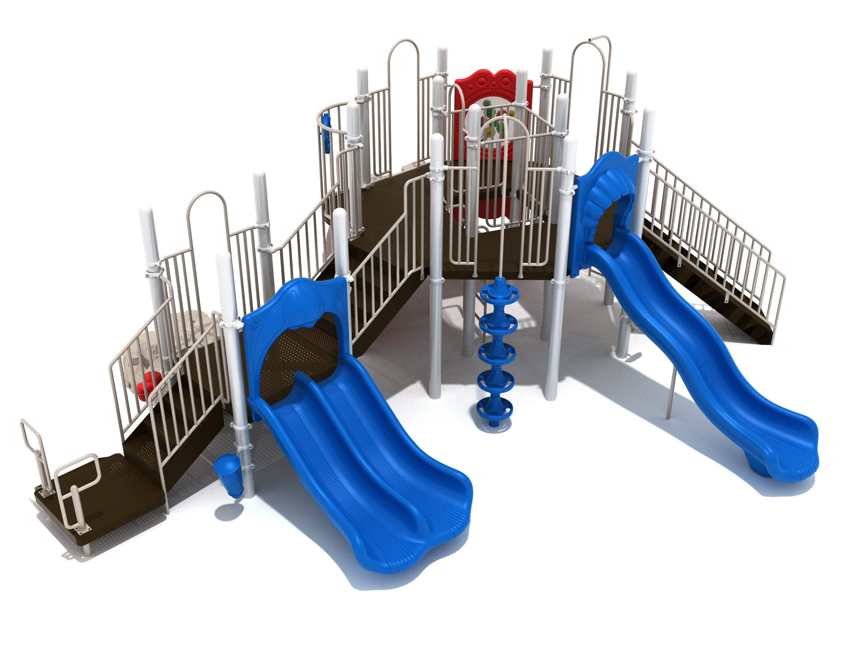 Elevated playground structure with blue double and single slides, spiral climber, brown platforms, and safety railings