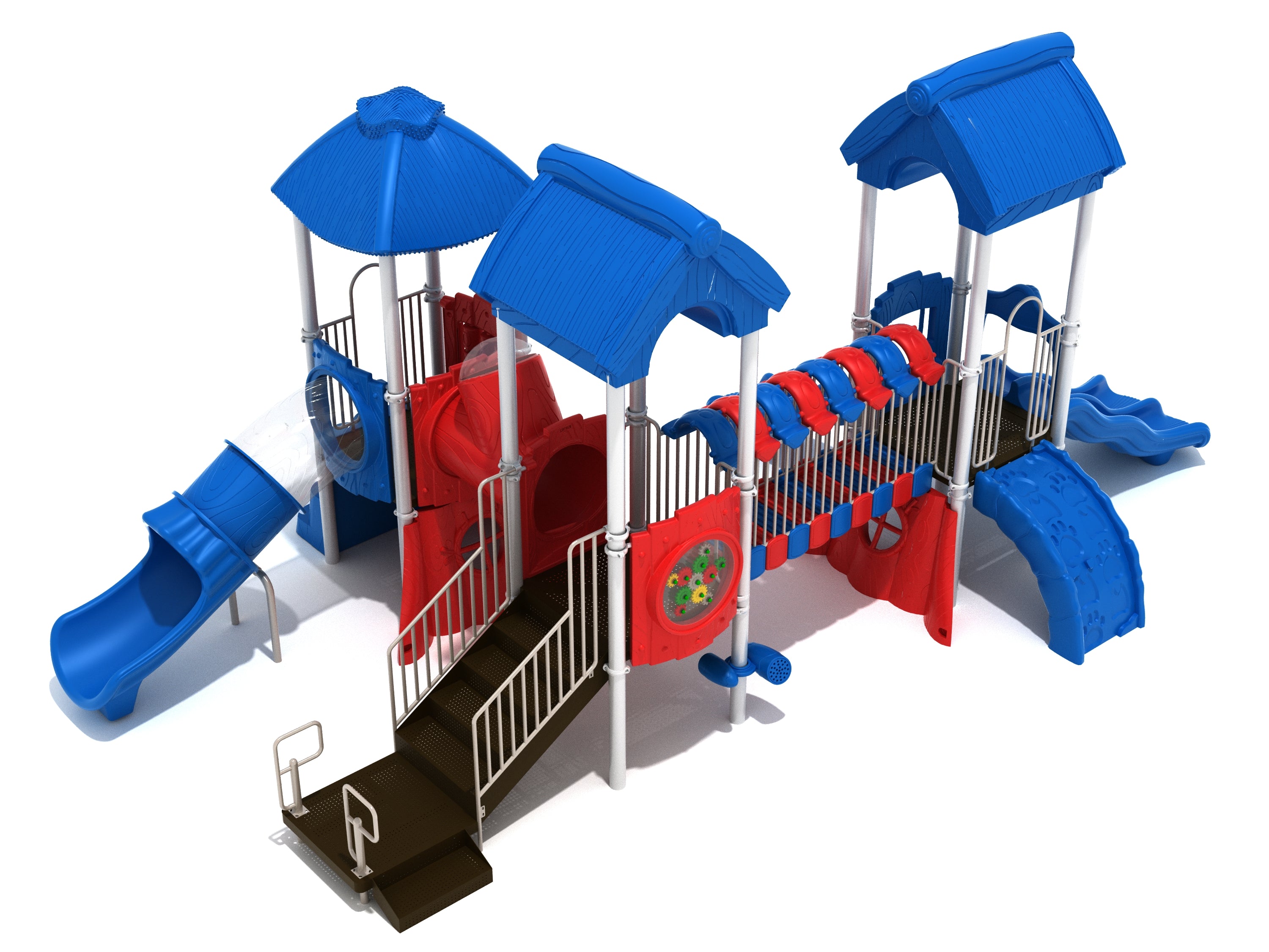 Colorful elephant-themed playground with blue roofs, slides, climbing wall, and interactive sensory panels in red and blue.