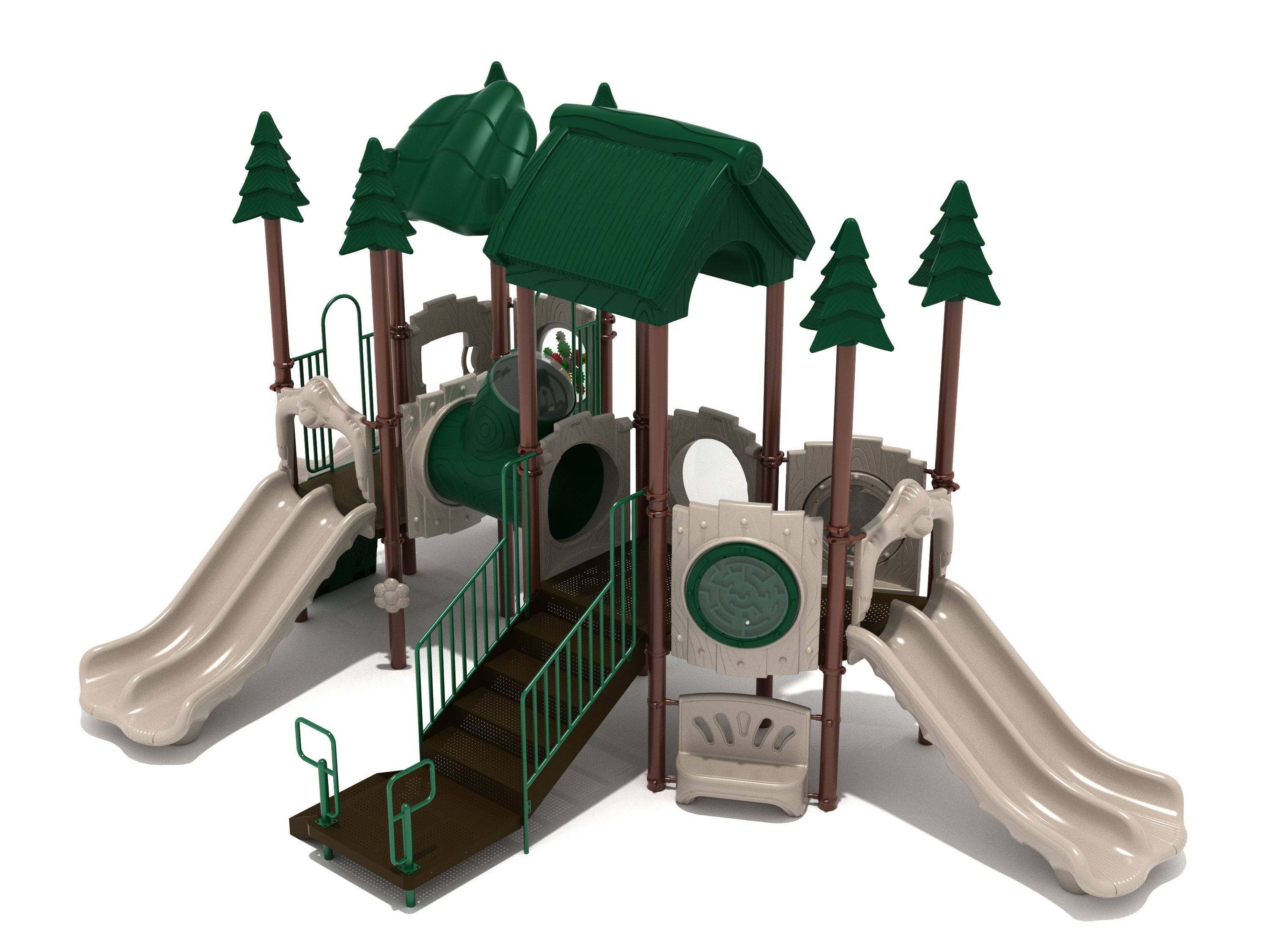 Turtle-themed outdoor playground featuring dual slides, climbing tunnel, activity panels, and tree-shaped posts.