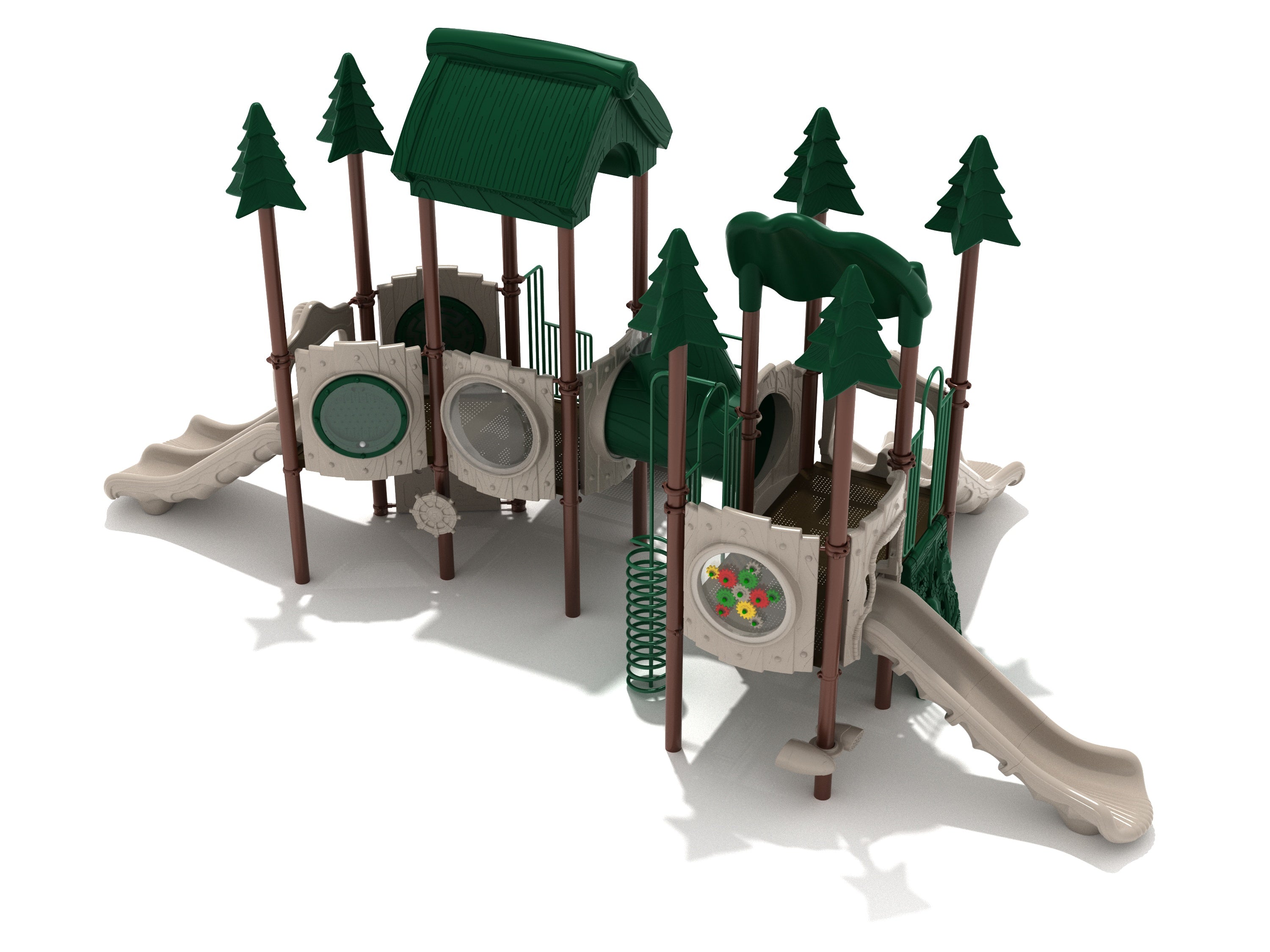 Outdoor playground structure with green tree-shaped posts, slides, climbing elements, and interactive panels.
