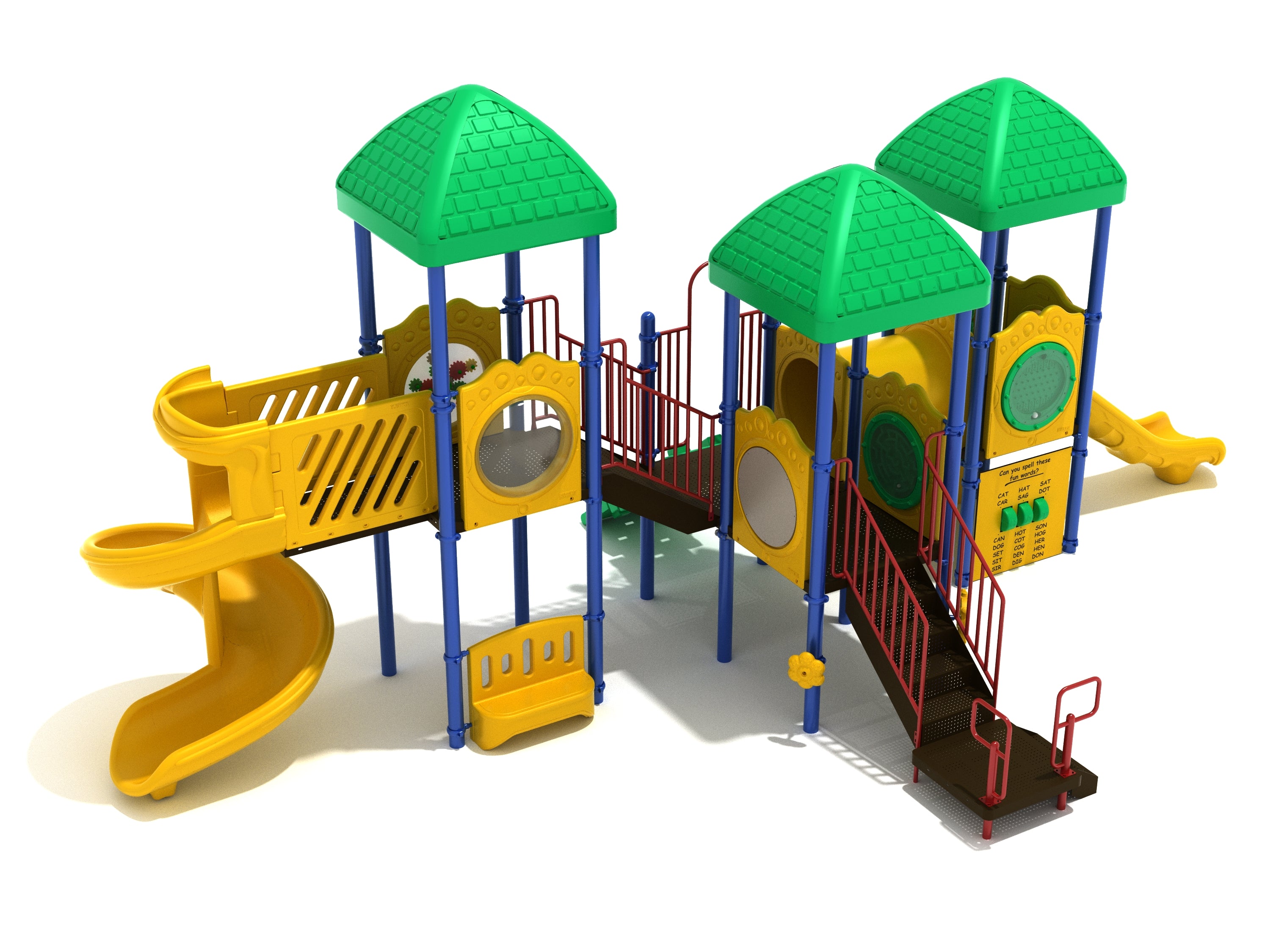 Colorful playground structure with green roofs, yellow slides, climbing panels, and interactive educational play panels