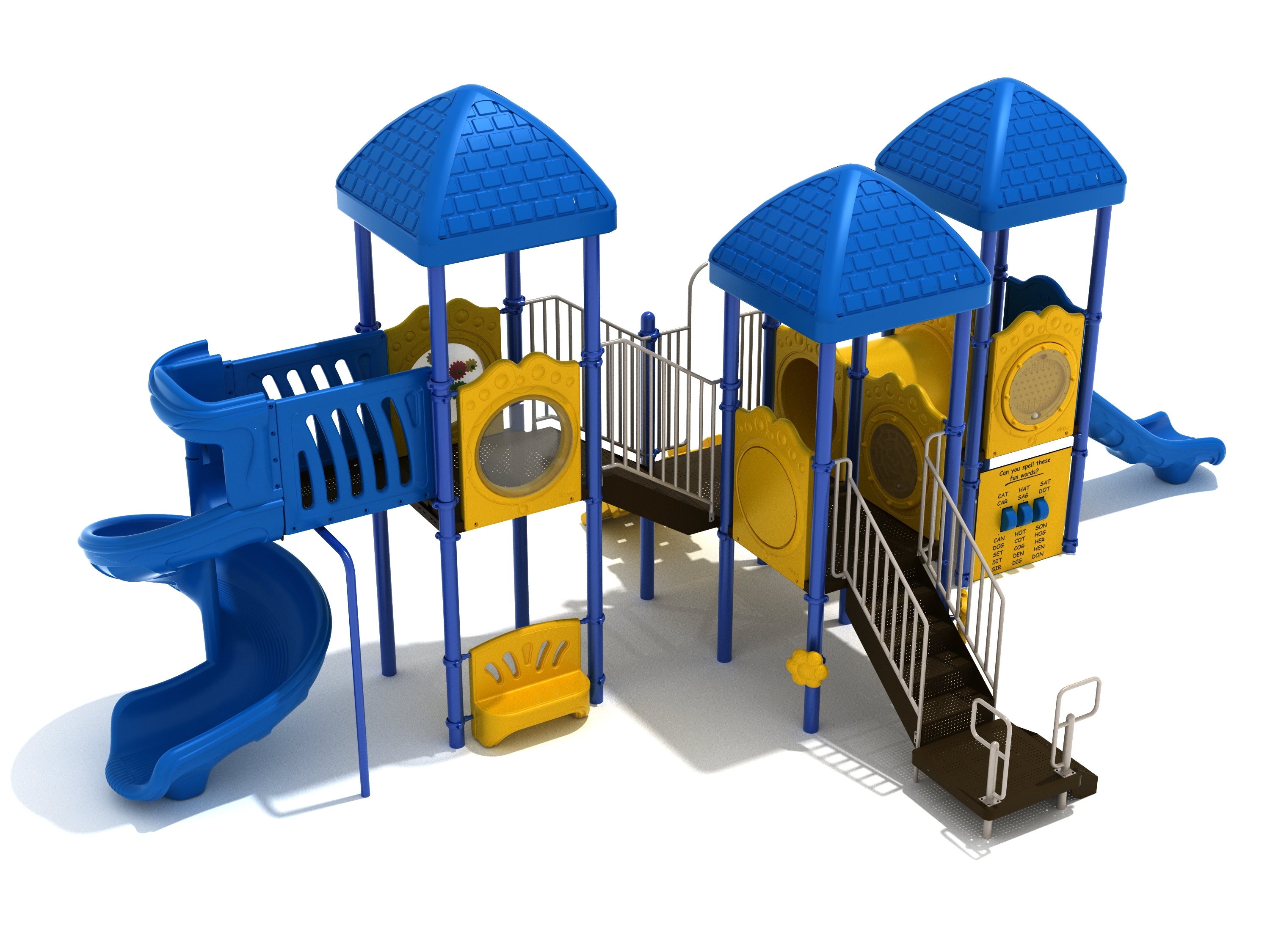 Colorful blue and yellow playground structure with slides, climbing panels, stairs, and interactive educational panels including tic-tac-toe and gear features.